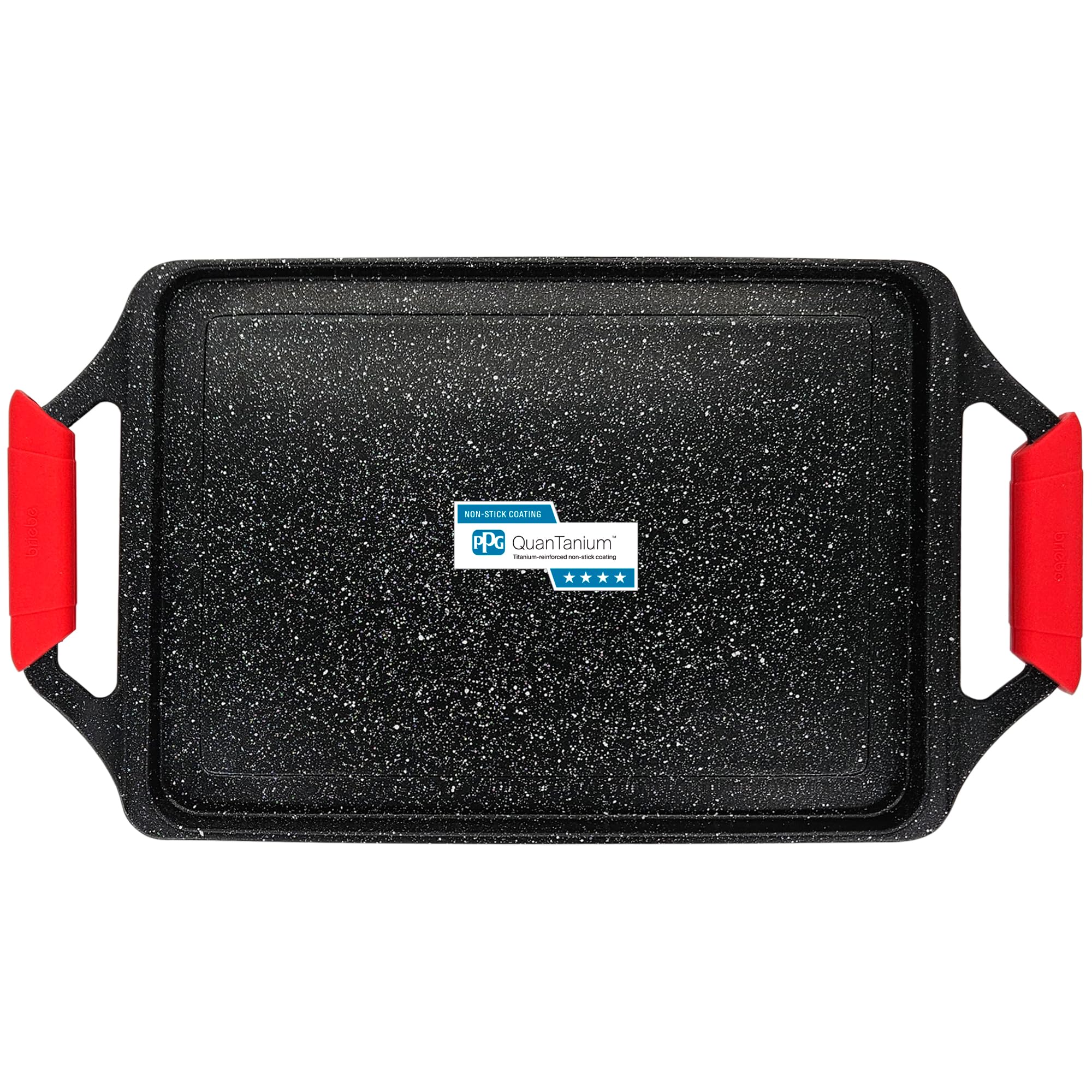 briebe Black Titanium Plaque à Griller Induction Anti-adhésif Titane, Fonte d'Aluminium, Plancha Grill 43 X 25cm, Revêtement sans PFOA, Poignées en Silicone, Vitrocéramique, Gaz, Four