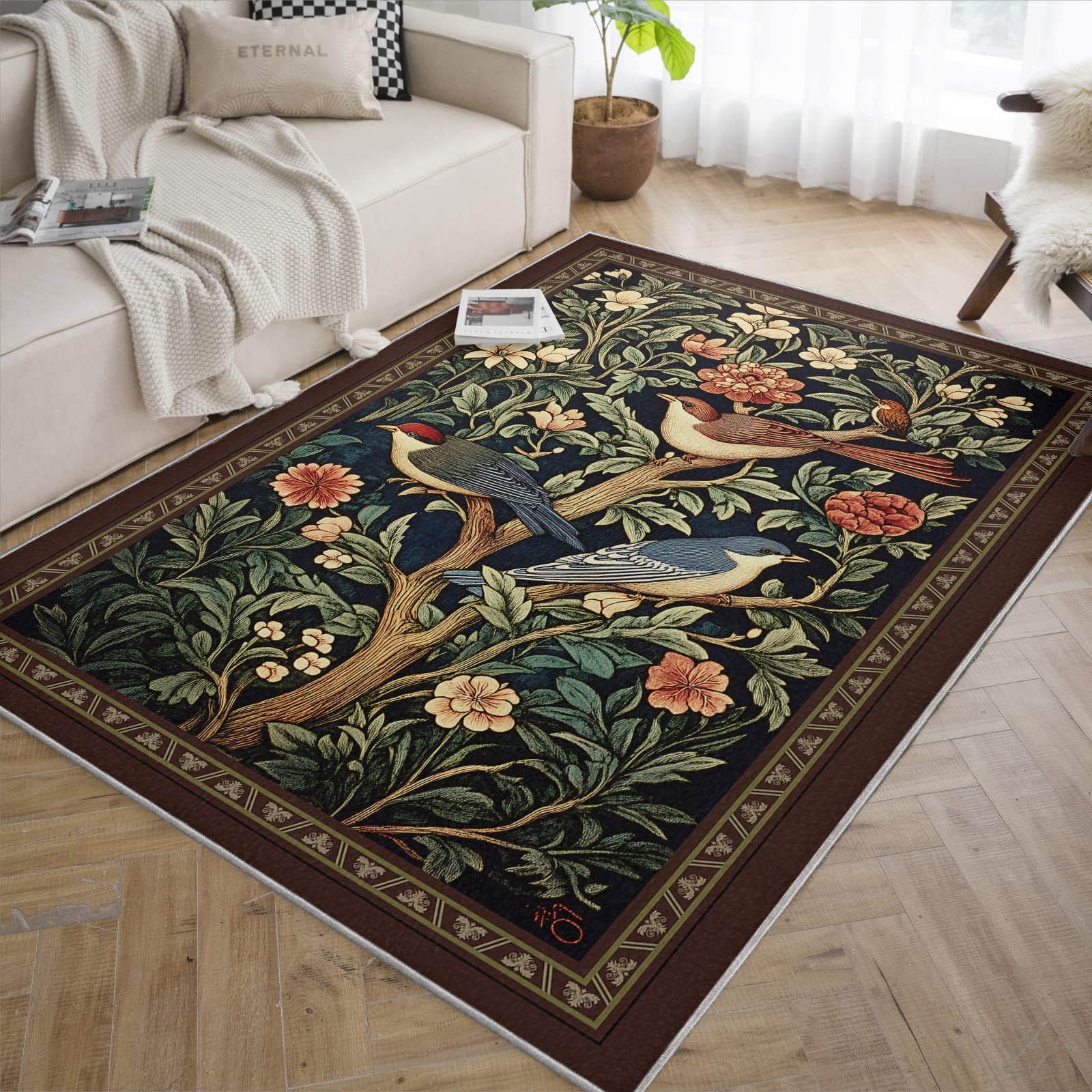 Moquette à motif d’oiseaux marron pour réchauffer l'atmosphère d'une chambre à coucher