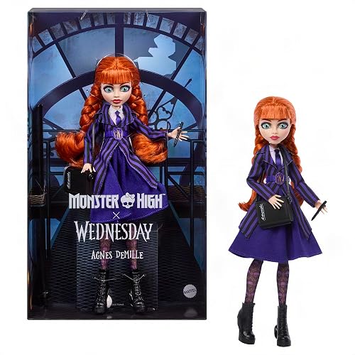 Monster High x Wednesday Agnes DeMille Poupée | Poupée de collection, tresses rouges, tenue violette Nevermore Academy, accessoires stylo et sac carnet, socle, JNJ92