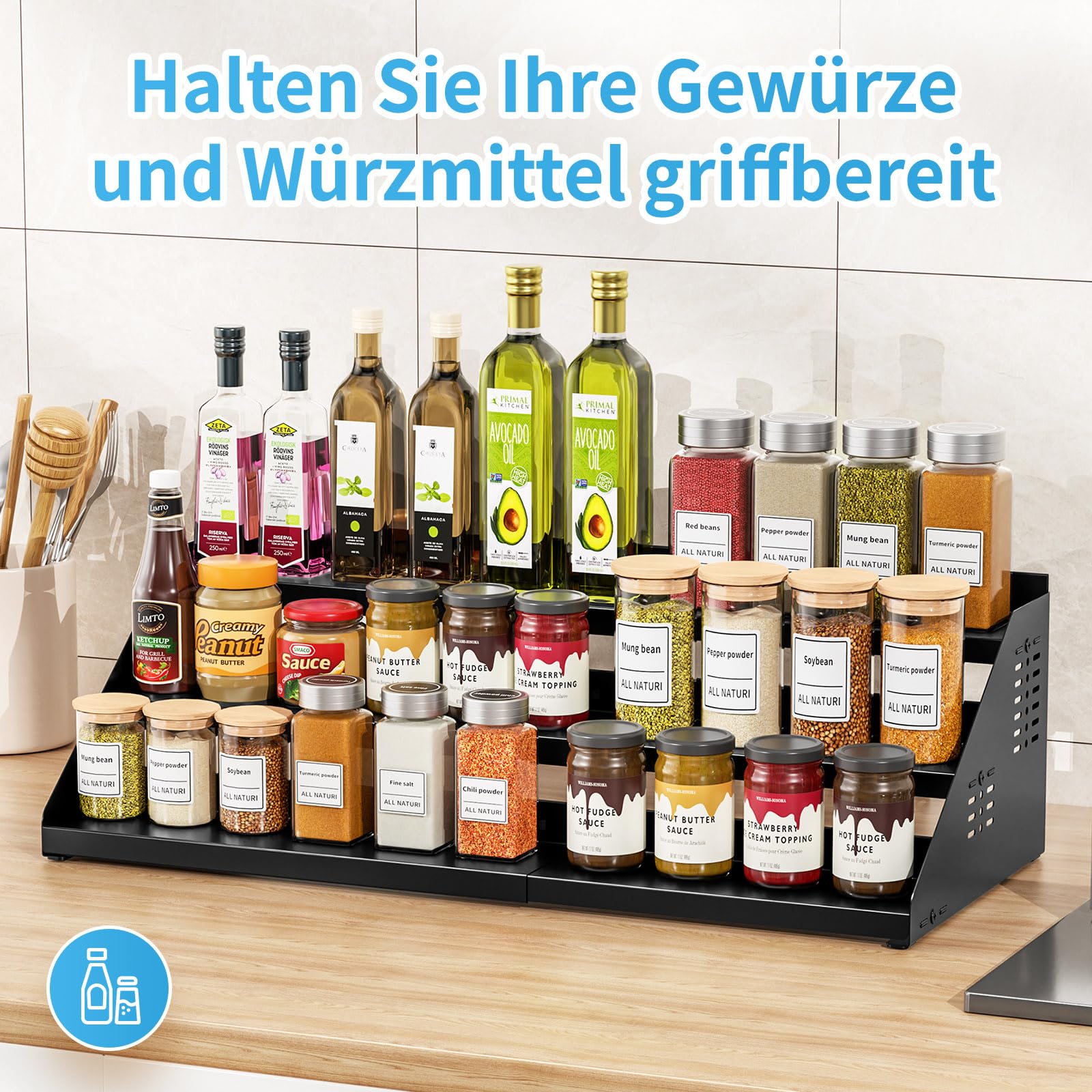 Gewürzregal mit 3 Ebenen, Küchenregal-Organizer, Gewürze Organizer, Erweiterbar Metall Schrank-Organizer Küche von 34cm bis 55cm, für Arbeitsplatte, Küche, Esszimmer-schwarz