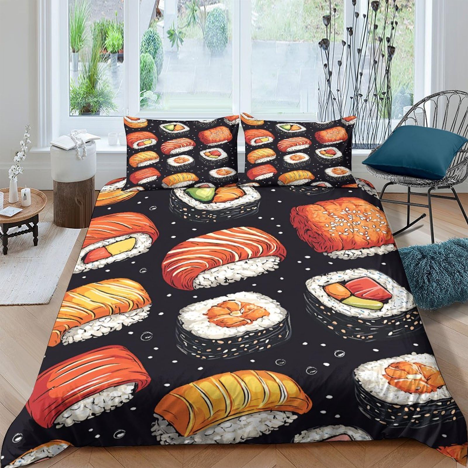 Ctjqhvkz Style-3 3D Printed Sushi Nigiri Fitted Sheet Microfiber Soft Breathable Japanese Roll Mattress Cover For Bedroom Guest Room Decor Single（135X200cm）