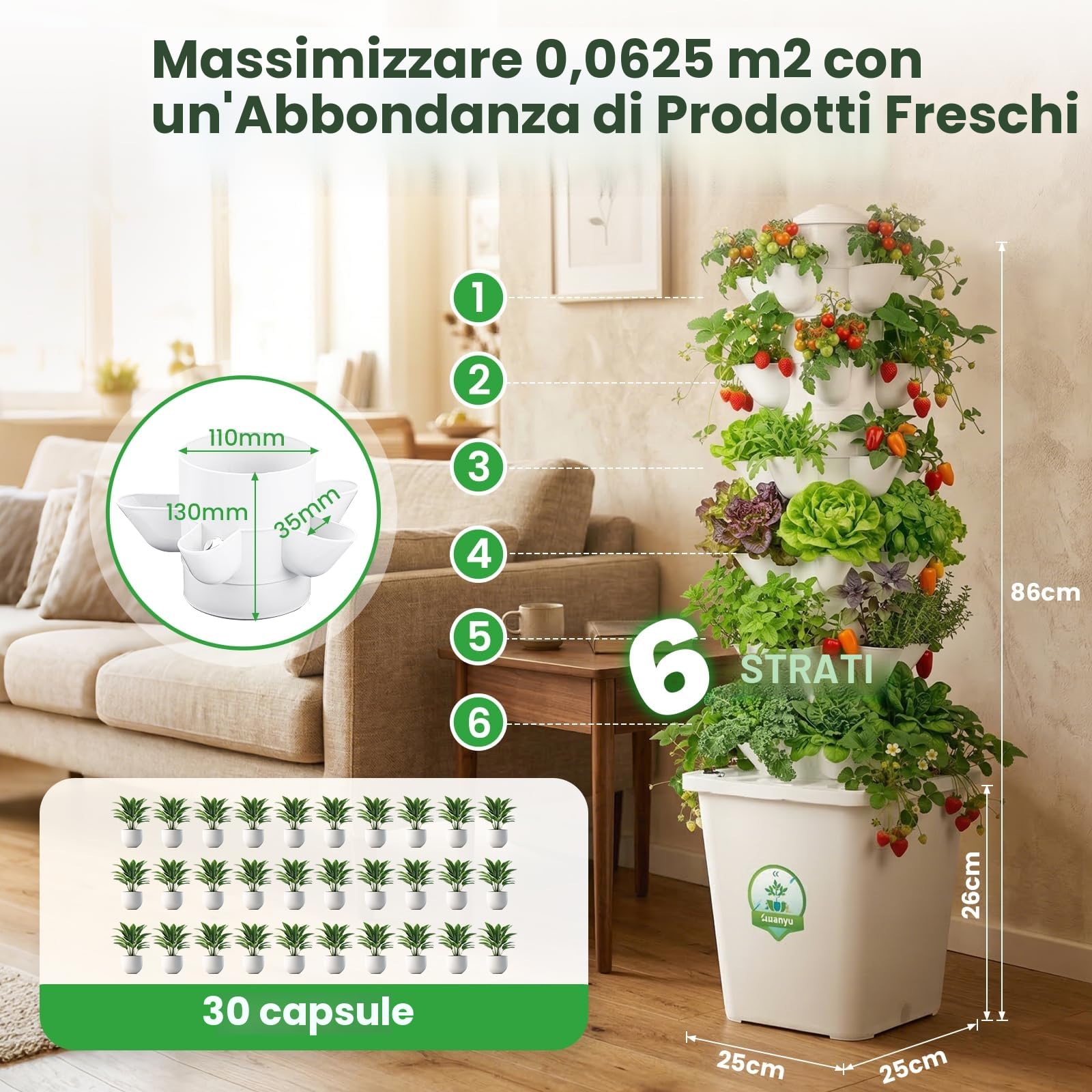 Huanyu Sistema di Coltivazione idroponica 6 Strati 30 baccelli Torre idroponica Verticale con Timer Torre idroponica da Giardino con Serbatoio d'Acqua da 10 l Adatto per Uso Interno ed Esterno