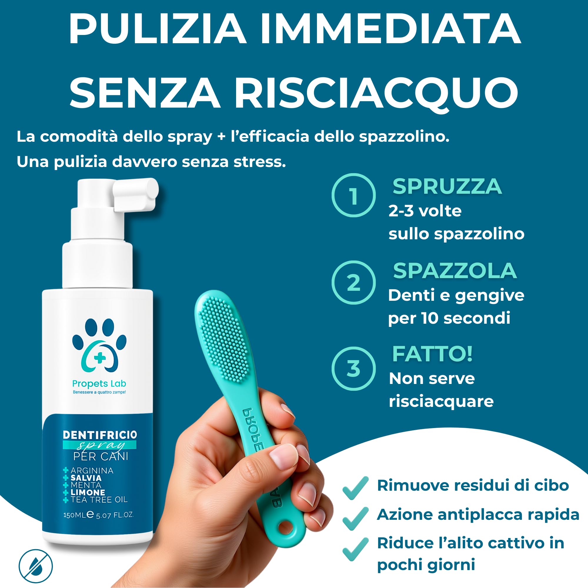Propets Lab Dentifricio Spray per Cani 150 Ml Pulizia Denti Cane Combatte Alito Cattivo e Tartaro con Spazzolino Incluso