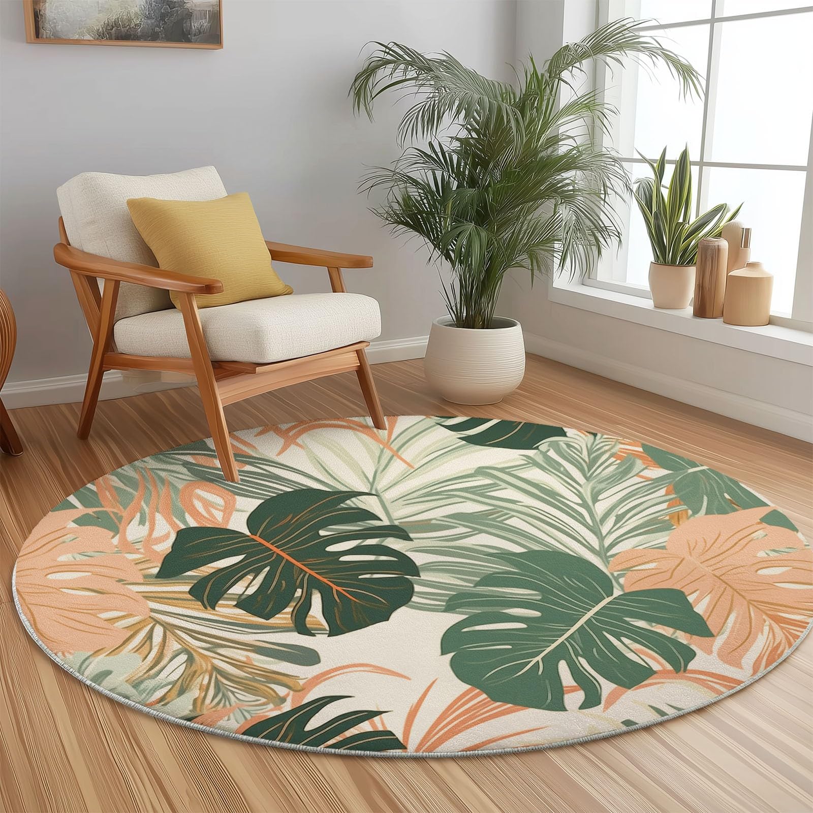 Okrągły dywan 120 cm, można prać w pralce, antypoślizgowy dywan podłogowy, niskie runo, miękki, zielony, monstera deliciosa, liście palmowe, dywan do salonu, sypialni, kuchni, pokoju dziecięcego