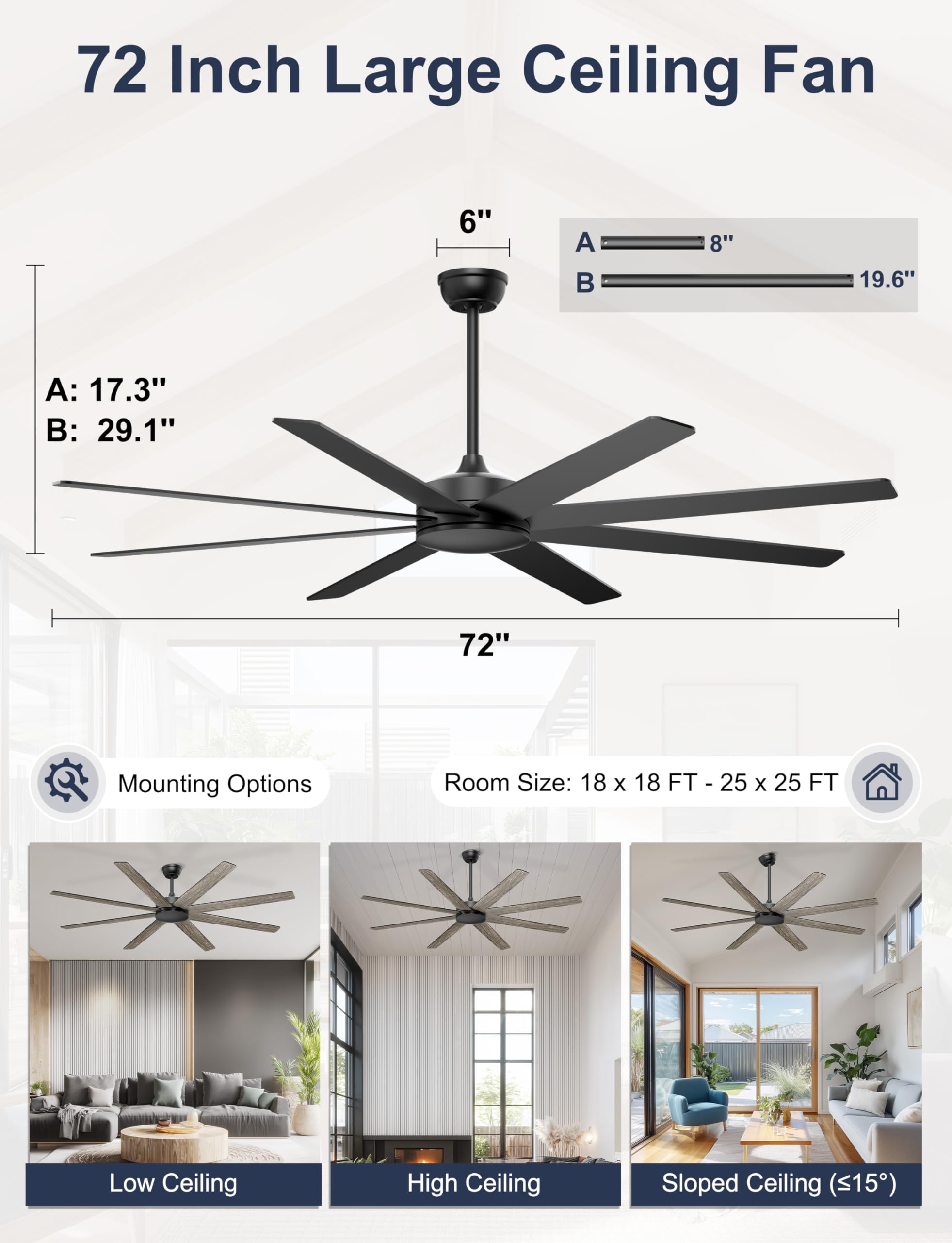 72 Large Ceiling Fans No Lights Modern Black Ceiling Fan Remote APP Control Quiet DC Motor Big Ceiling — view 3