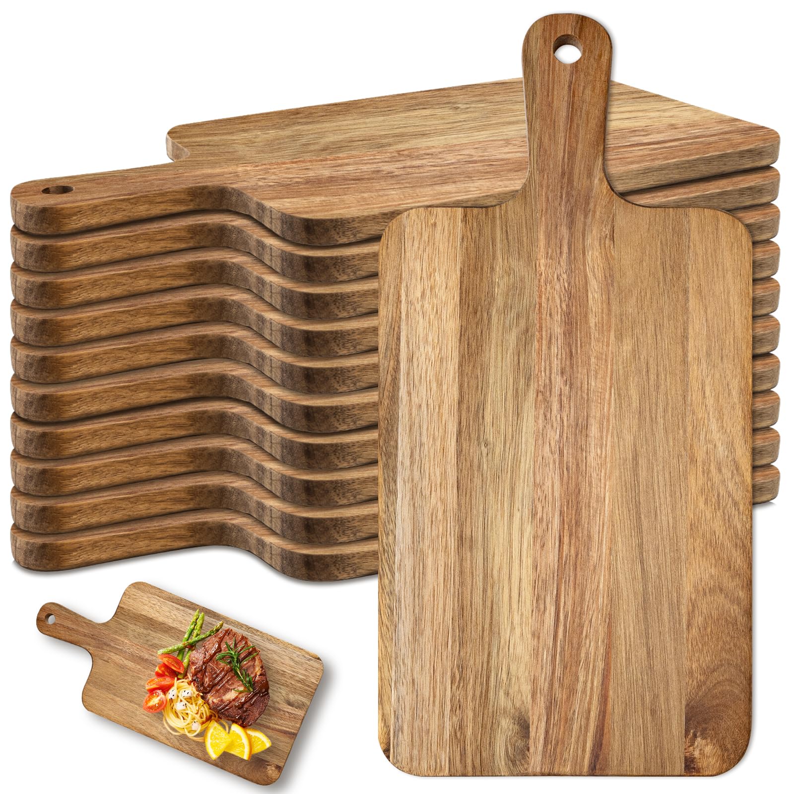 10er Set Schneidebretter Holz mit Griff - 40x20cm Akazienholz Schneidebrett groß - Multifunktionales Servierbrett Holz für Küche, Käse, Brot, Tapas & Charcuterie - Küchenbrett Holz als Geschenk