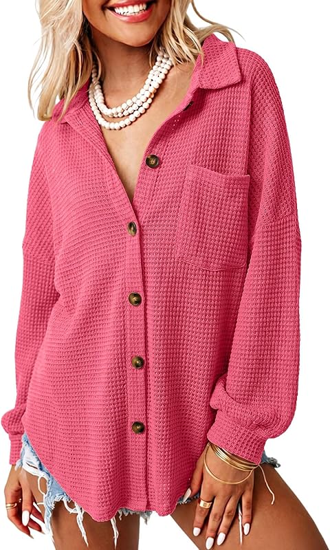 Dokotoo Womens Waffle Knit Shacket Jacket Casual Button Down Shirts Tops