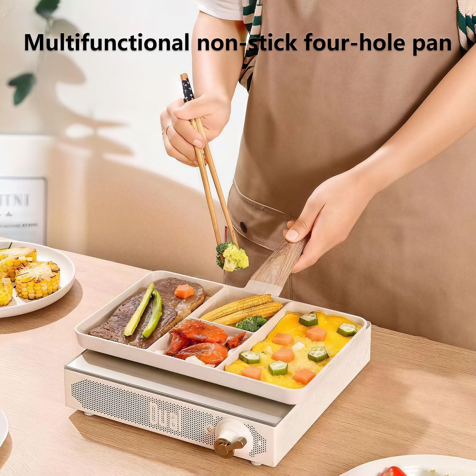 Wielofunkcyjna patelnia śniadaniowa - 4-częściowa patelnia do omletów i naleśników, powierzchnia do szybkiego czyszczenia, 35 cm z uchwytem do zawieszania dla łatwego przechowywania