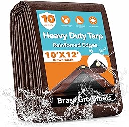 10x12FT Waterproof Tarp, Yumatum 10 Mil Heavy Duty Tarps with Reinforced Edges/Brass Grommets, 100% UV Blocking/Tear Resistant Poly Tarp for Camping, Patio, Tent, Boat(Brown/Black)