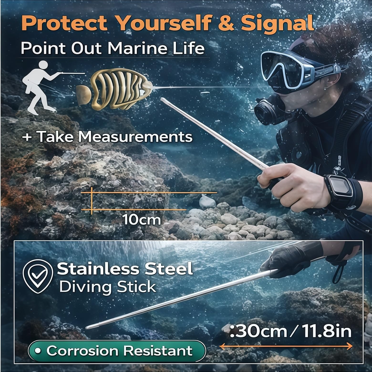 plplaaoo Baguette de plongée en acier inoxydable - Échelle sous-marine - Accessoires avec cordon orange pour la plongée et la plongée avec tuba - En alliage d'aluminium léger et portable - 30