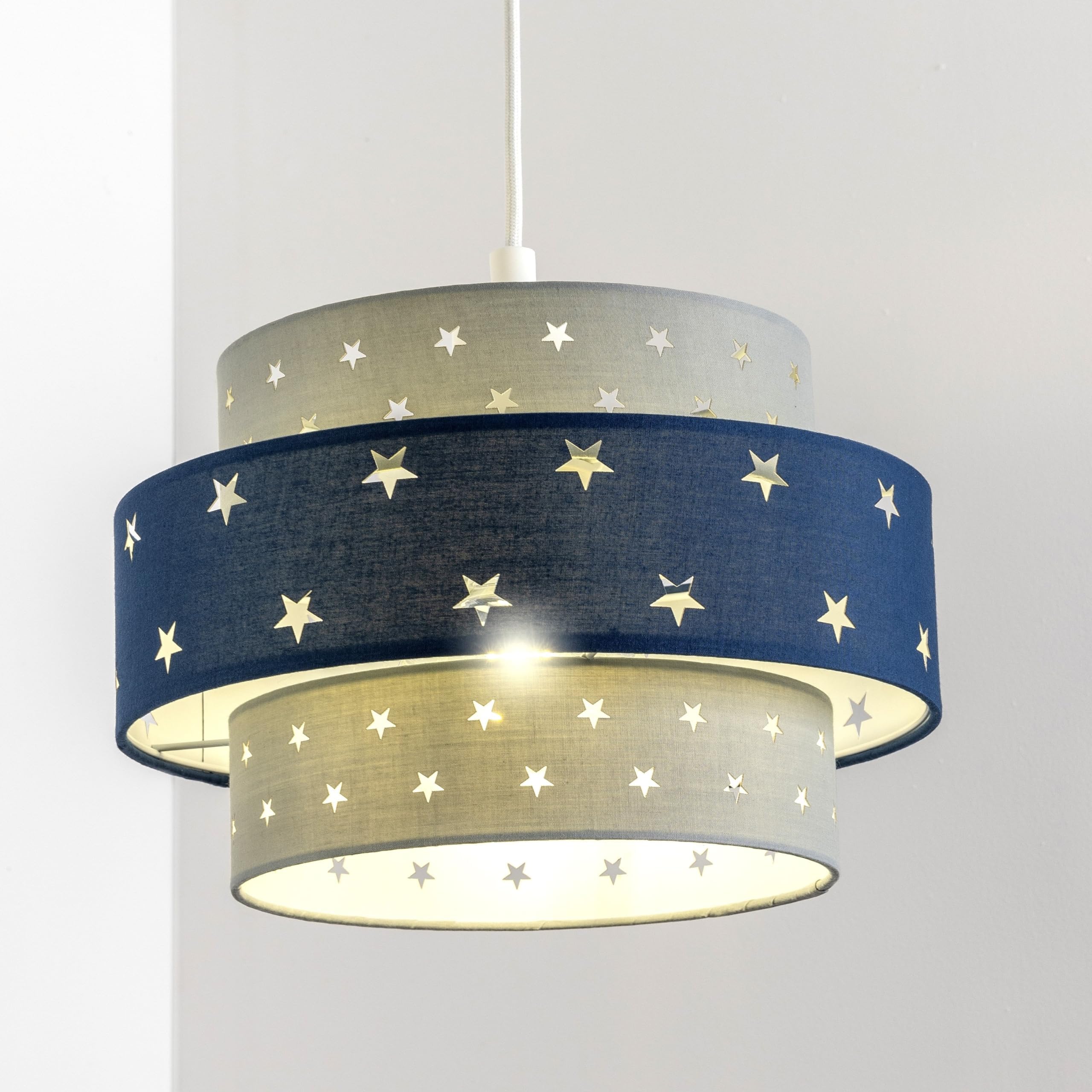 CGC Grey Navy Blue Light Pink Cream Two Tier Stars Childrens Lampshade Shades Projects Star Pattern Easy Fit Pendants Lamp Shade Kids Bedroom Playroom Toy Room Child Space (Grey with Blue Band)