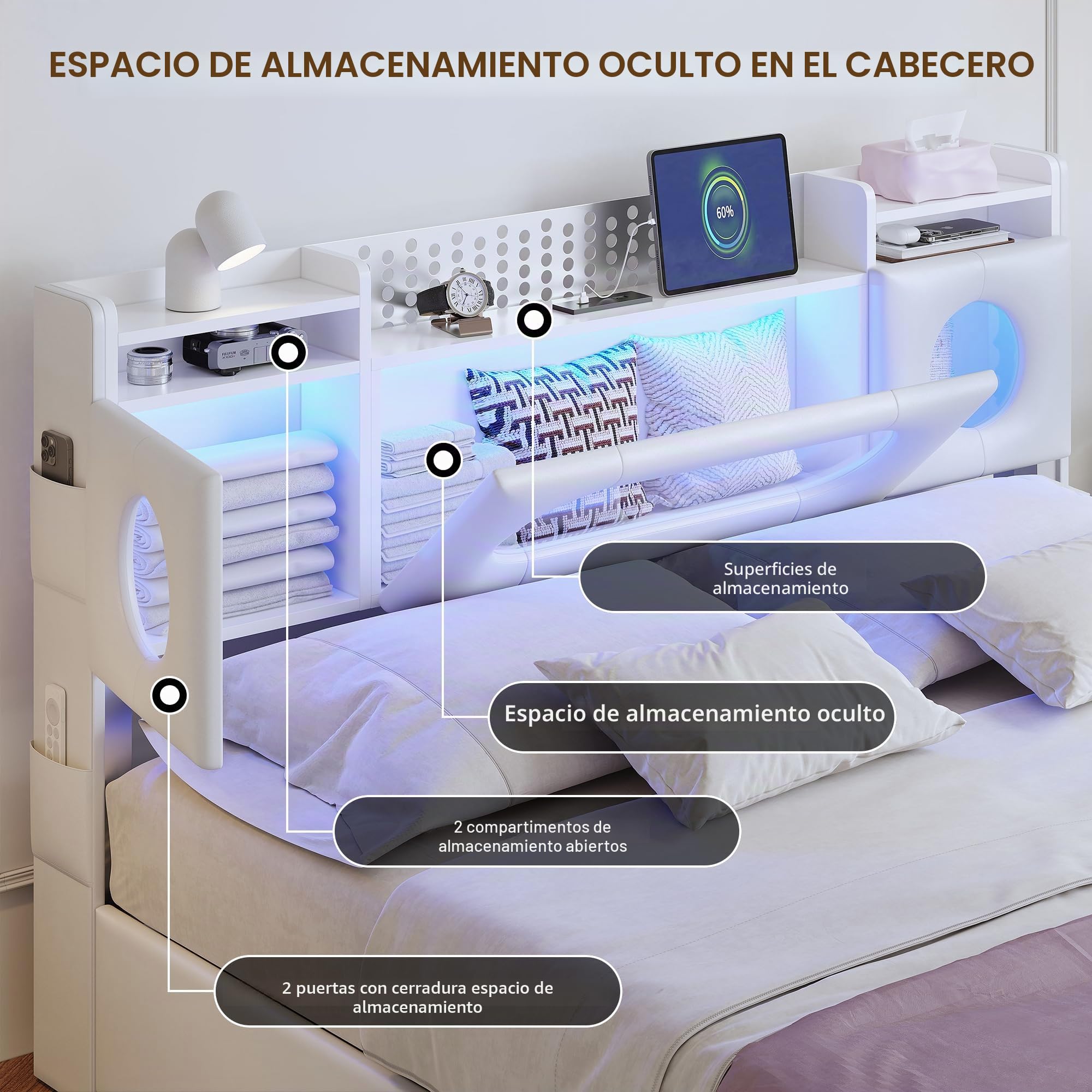 KeepGoon Cama de Matrimonio de 140 x 200 cm, de Poliuretano, con cabecero abatible, Tira de luz LED e interfaces USB y Type-C con somier de láminas y función de Almacenamiento