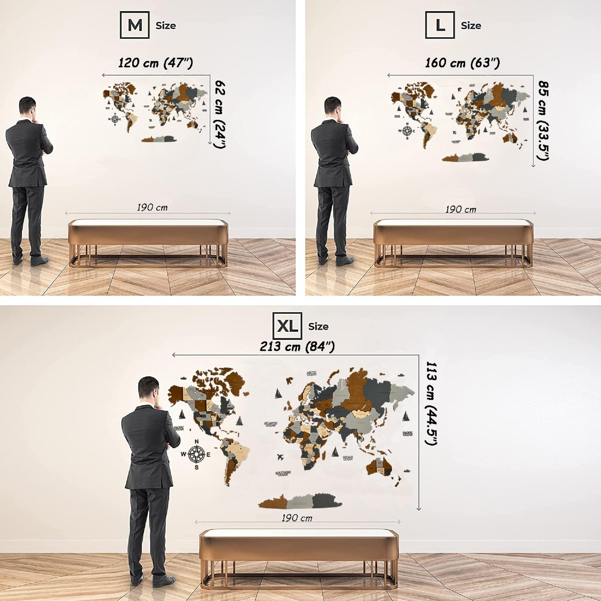 WoodLeo - Mapa del mundo de madera, diseño de pared en 3D, tamaño de la tarjeta (M, L, XL) para el hogar, la cocina o la oficina