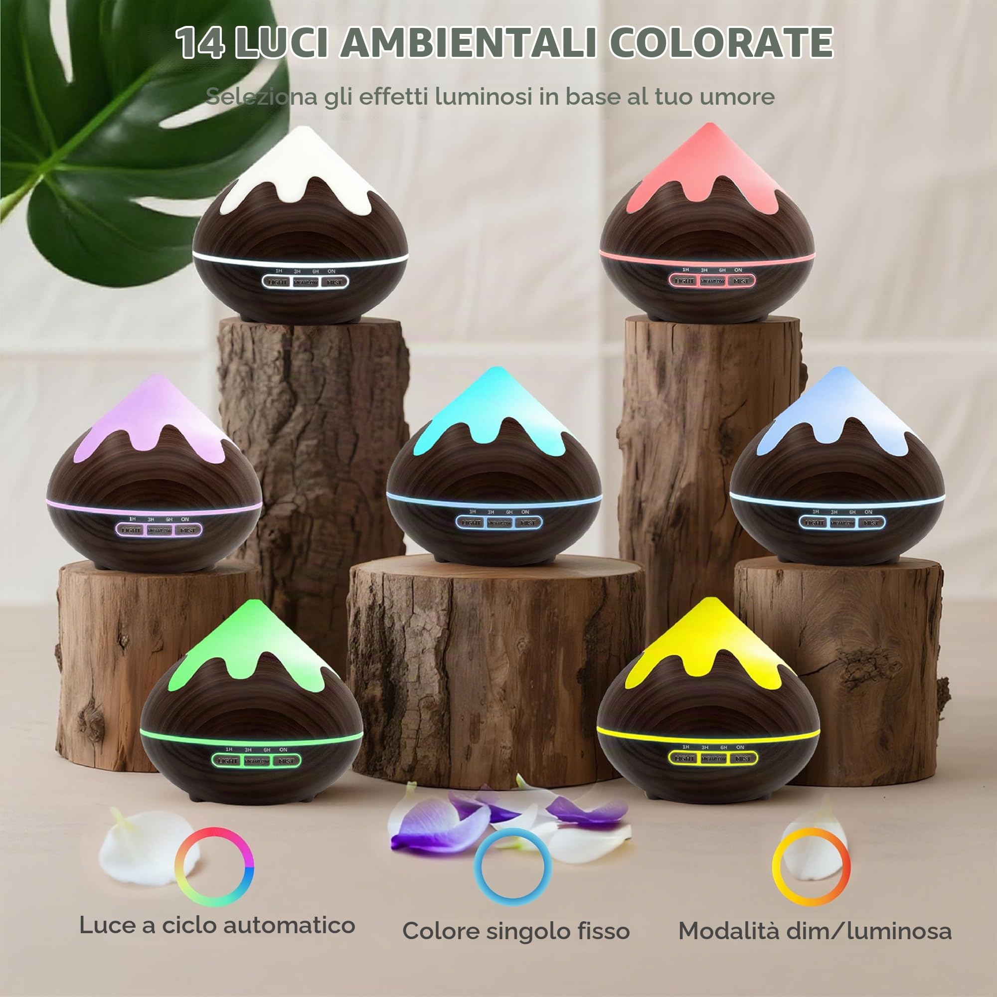 Diffusore di Oli Essenziali, 500ml aromatico a Grana di Legno, Ultrasuoni Aromaterapia con Luce Bianca Calda, Diffusore per Oli Essenziali Senza BPA, per Ufficio e Casa, Marrone Scuro