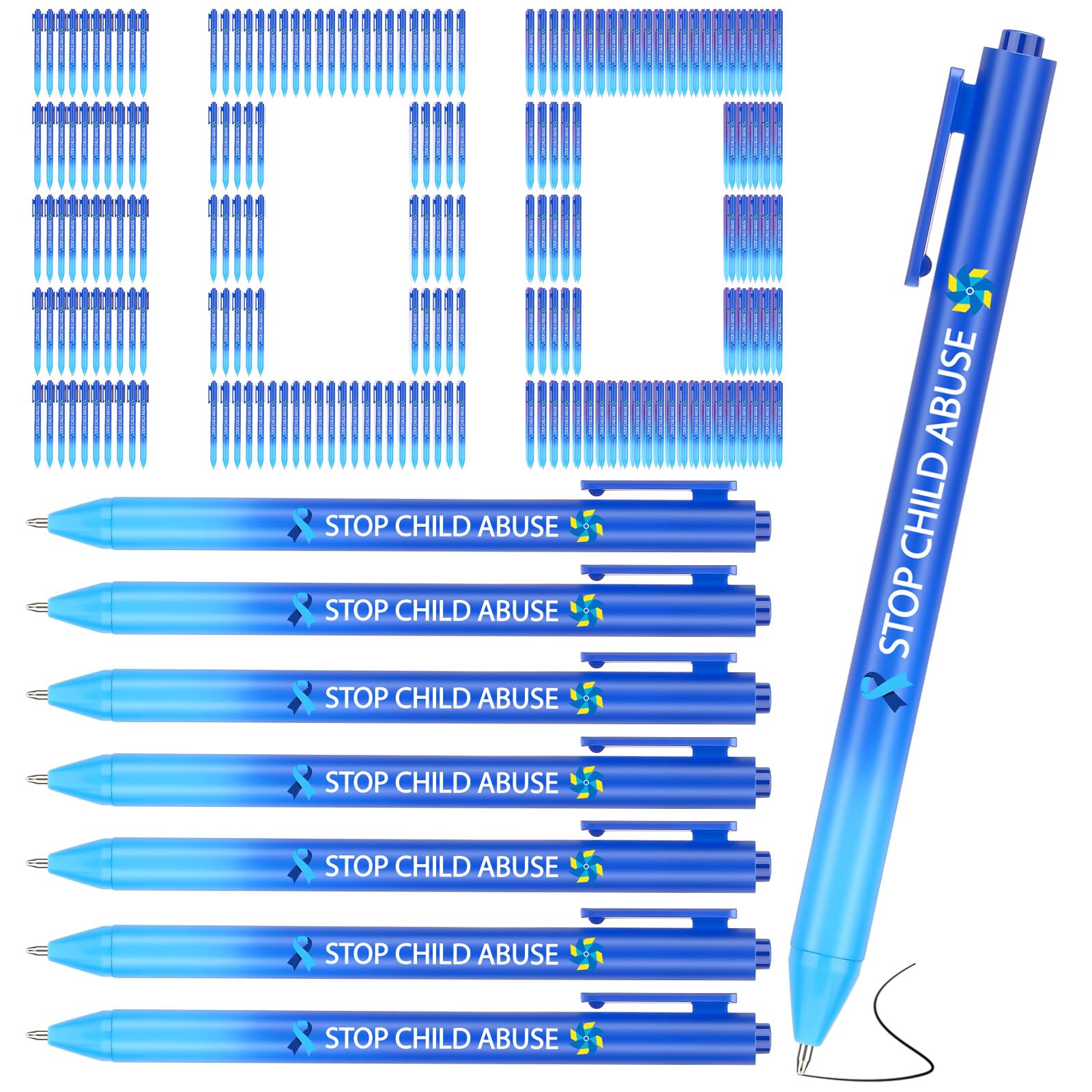 Jetec 100 Pcs Child Abuse Ribbon Pens Bulk Black Ink Retractable Fine Tip Pens with Gradient Color Barrel Ballpoint Pens for Charity Volunteers