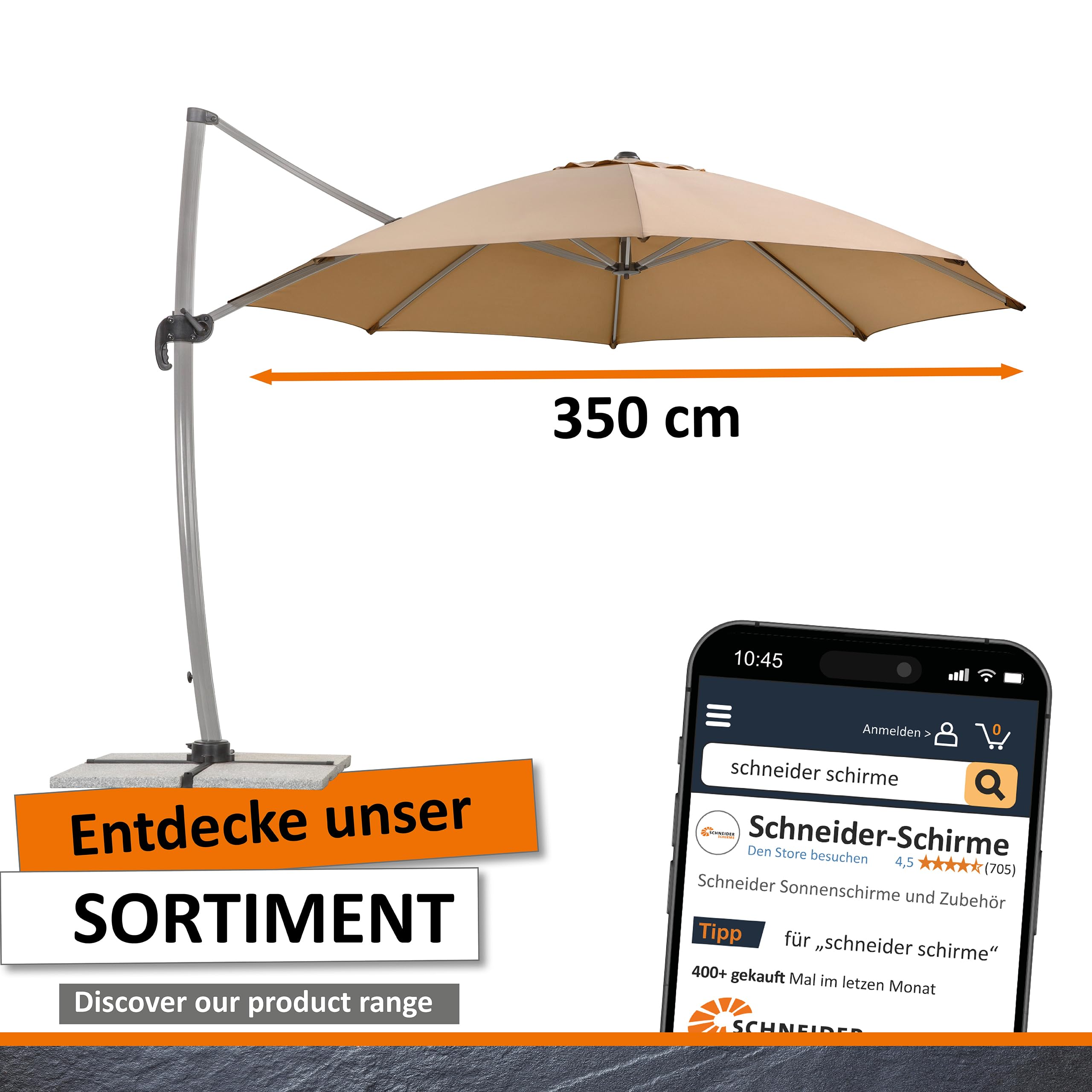 Schneider Sonnenschirm Rhodos Rondo, sand, 350 cm rund, 792-16, Gestell Aluminium, Bespannung Polyester, 22.4 kg