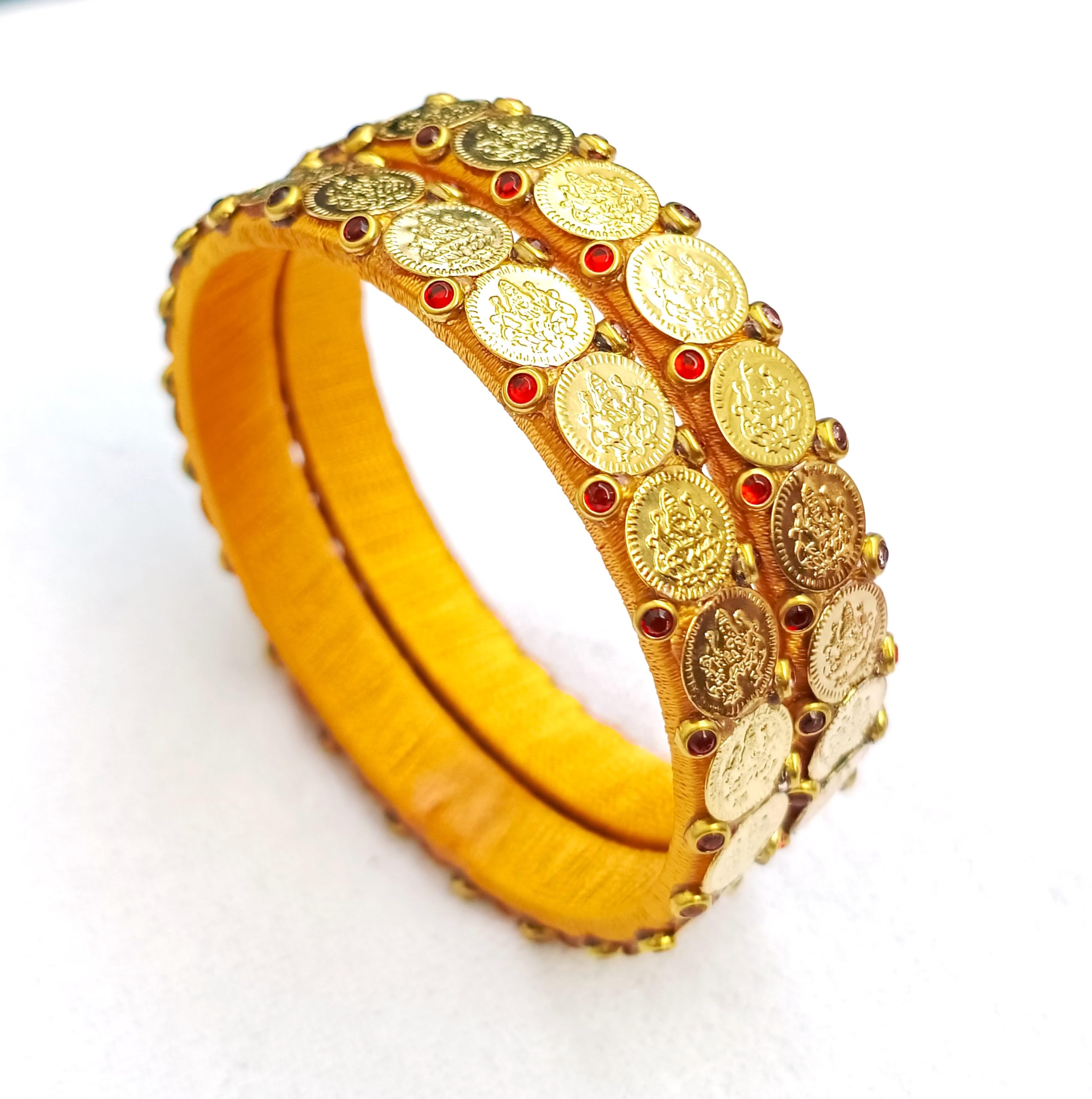 Bangles Bracelet Set for Women, Gold Plated Brass Coin Beads and Stones, Small, Traditional Indian Design, Silk Thread, Kundan Stone work | Pack of 2-image-11