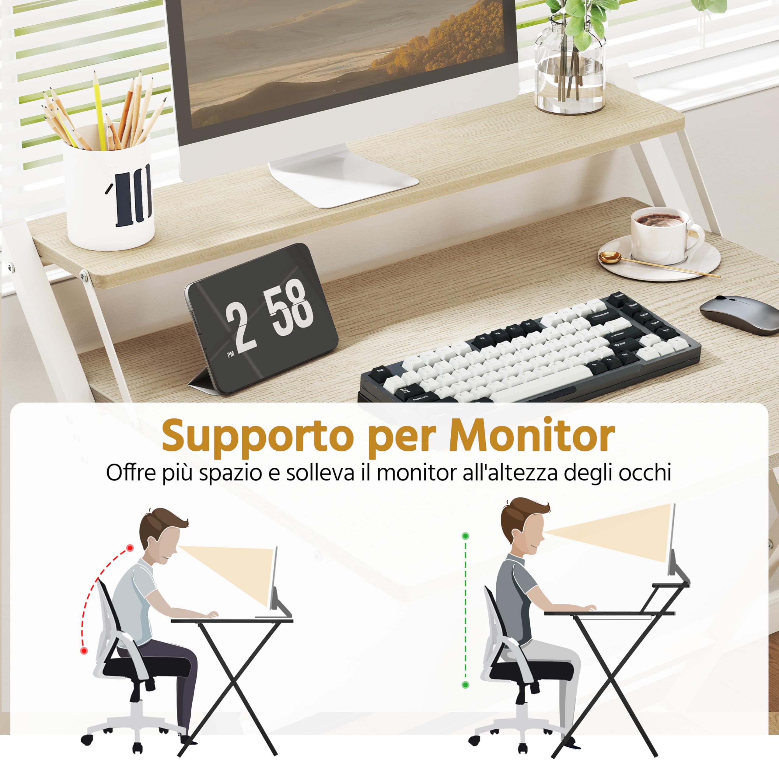Yaheetech Scrivania Pieghevole per Computer a 2 Livelli 80 cm Tavolo Pieghevole in Legno Moderno Design Scrivania Salvaspazio Compatto Tavolino con Ripiano per Monitor Legno Chiaro