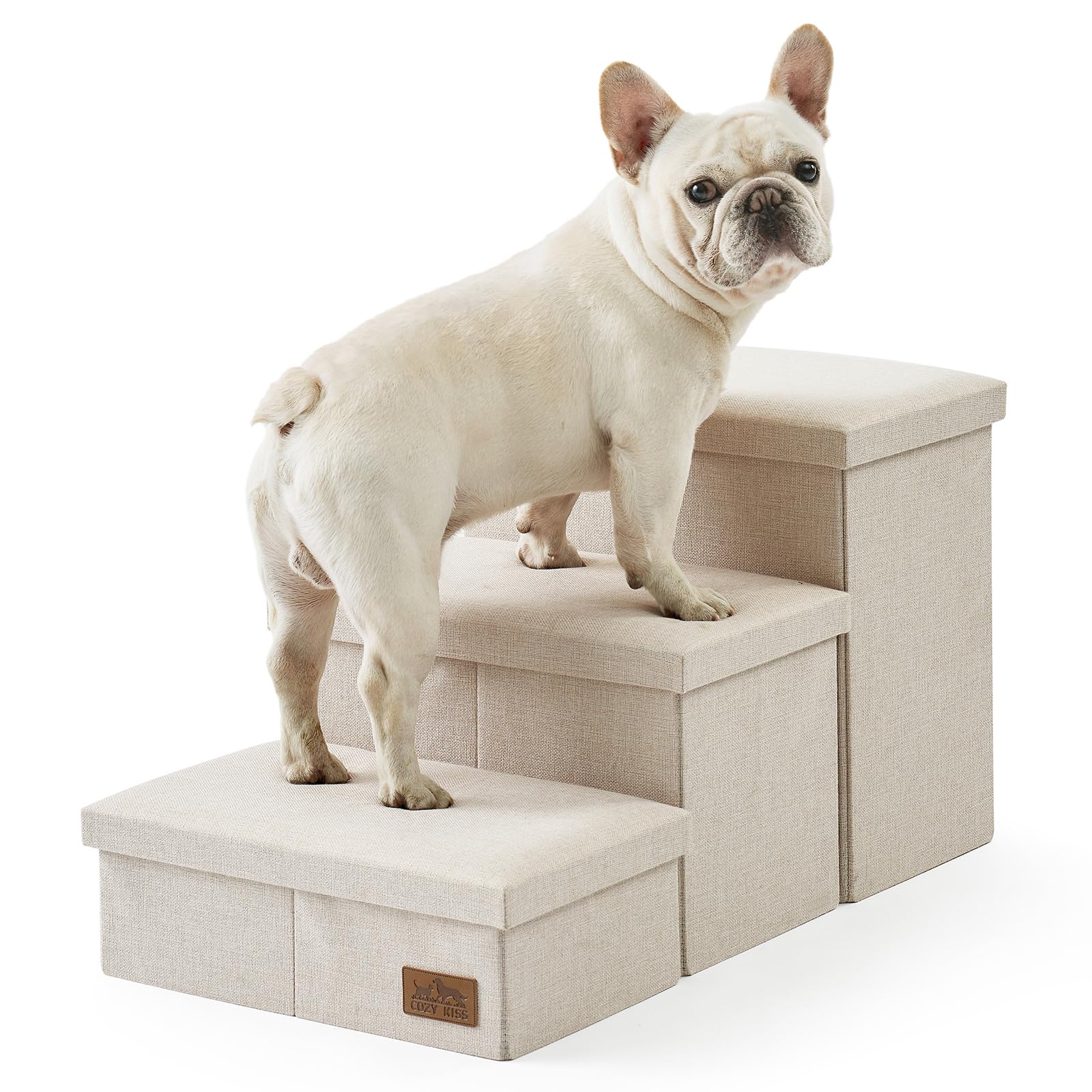 COZY KISS Escalera para Perros Pequeños con Almacenamiento, Plegable Rampa para Perros con Tapa a Prueba de Fugas, Paso para Mascotas Mayores para Silla Sofá, Ligero, Confort (Beige, 43x72x42.5cm, 3)
