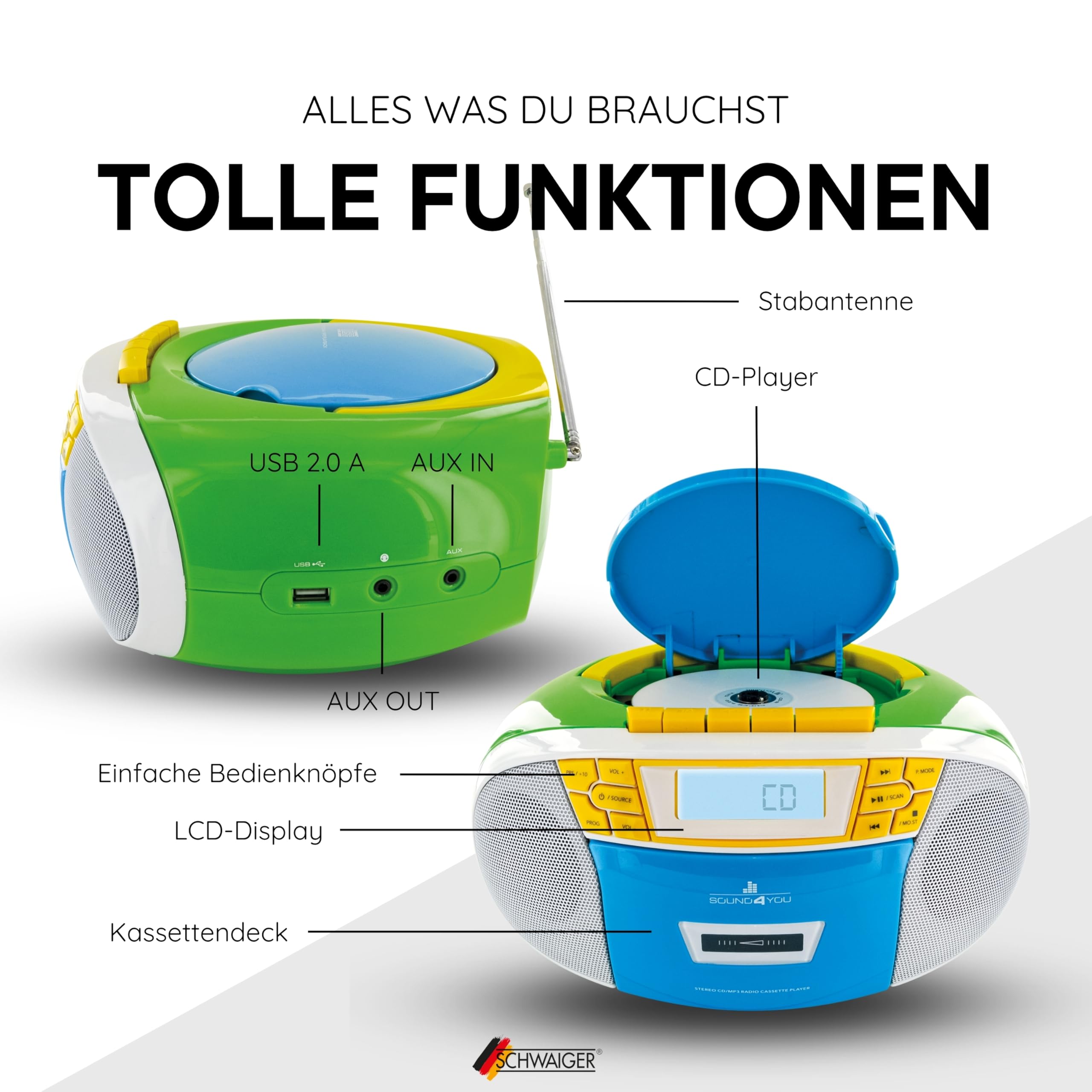 SCHWAIGER 661644 Lecteur CD avec Cassette et Radio MP3 Connexion USB FM Radio AUX Casque Boombox Fonctionnement sur Secteur et Piles Affichage Portable Multicolore