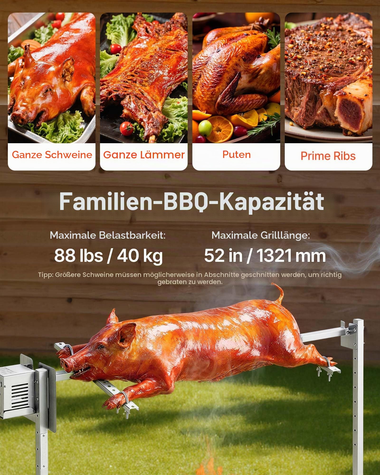 VEVOR Spanferkelgrill Lammgrill Spießbratengrill 1321 mm Rotisserie-Grill AC 220-240 V, 8-stufiges elektrisches Rotisserie-Grill-Set mit 40 kg Tragkraft, 38 W Motor Grillset für Partys