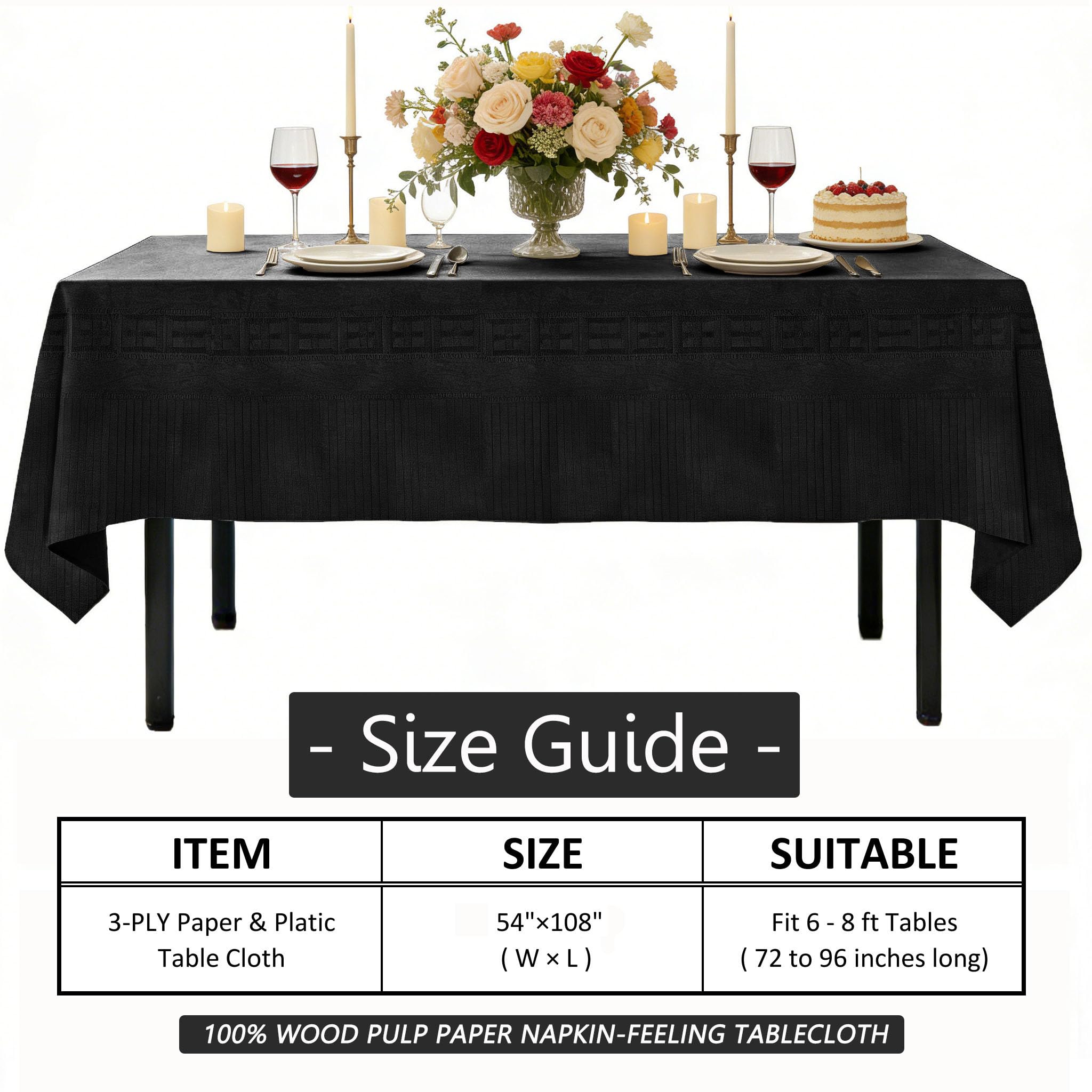 Lot de 6 nappes jetables noires en papier pour fête, 137,2 x 274,3 cm, imperméables en papier et plastique, 3 plis, pour anniversaire, banquet, buffet