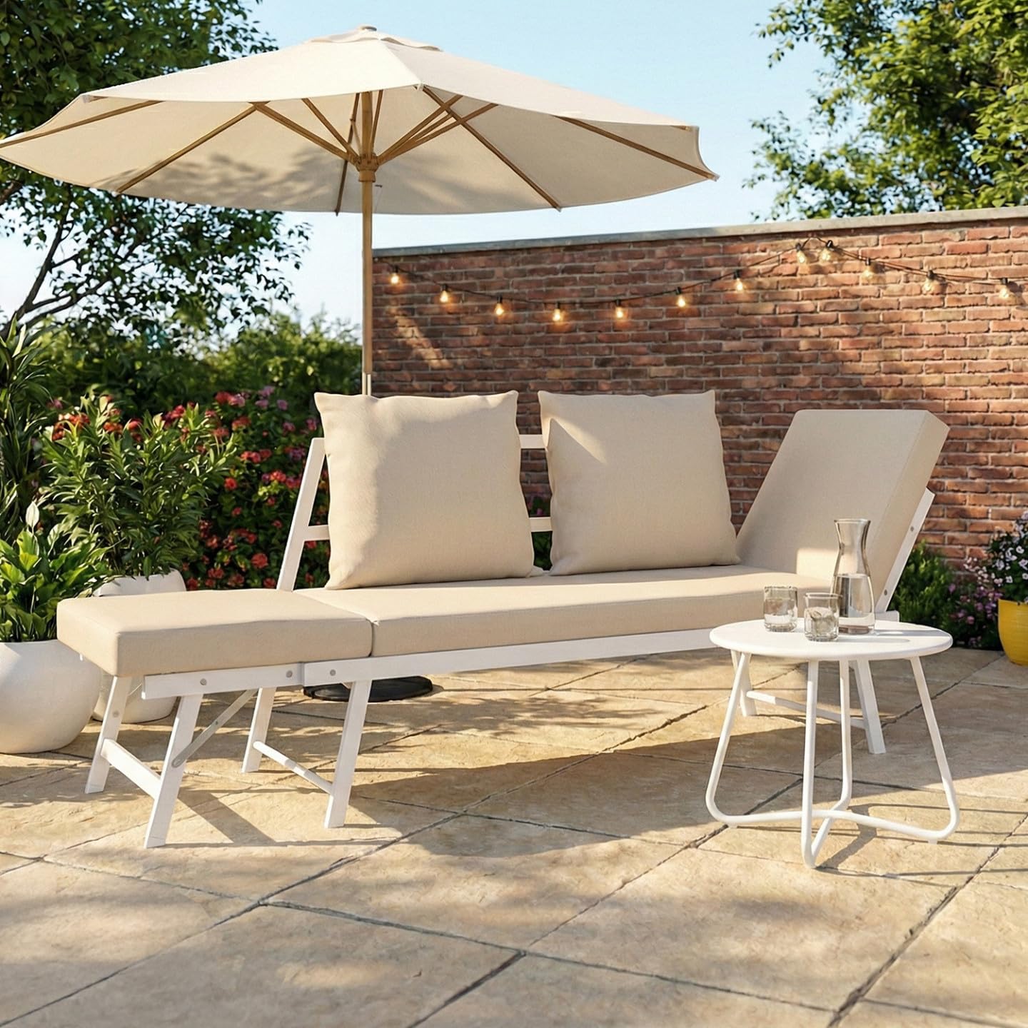 IDMarket - Canapé de Jardin, Banquette Convertible NOLA 2/3 Places avec accoudoirs inclinables métal Blanc et Coussins Beige
