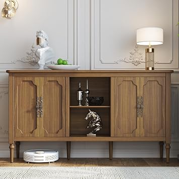 Vintage Buffet Sideboard Cabinet with 4 Doors, 59" Mid Century Modern Storage Cabinet with Shelf, Decorative Accent Credenza TV Stand Brown