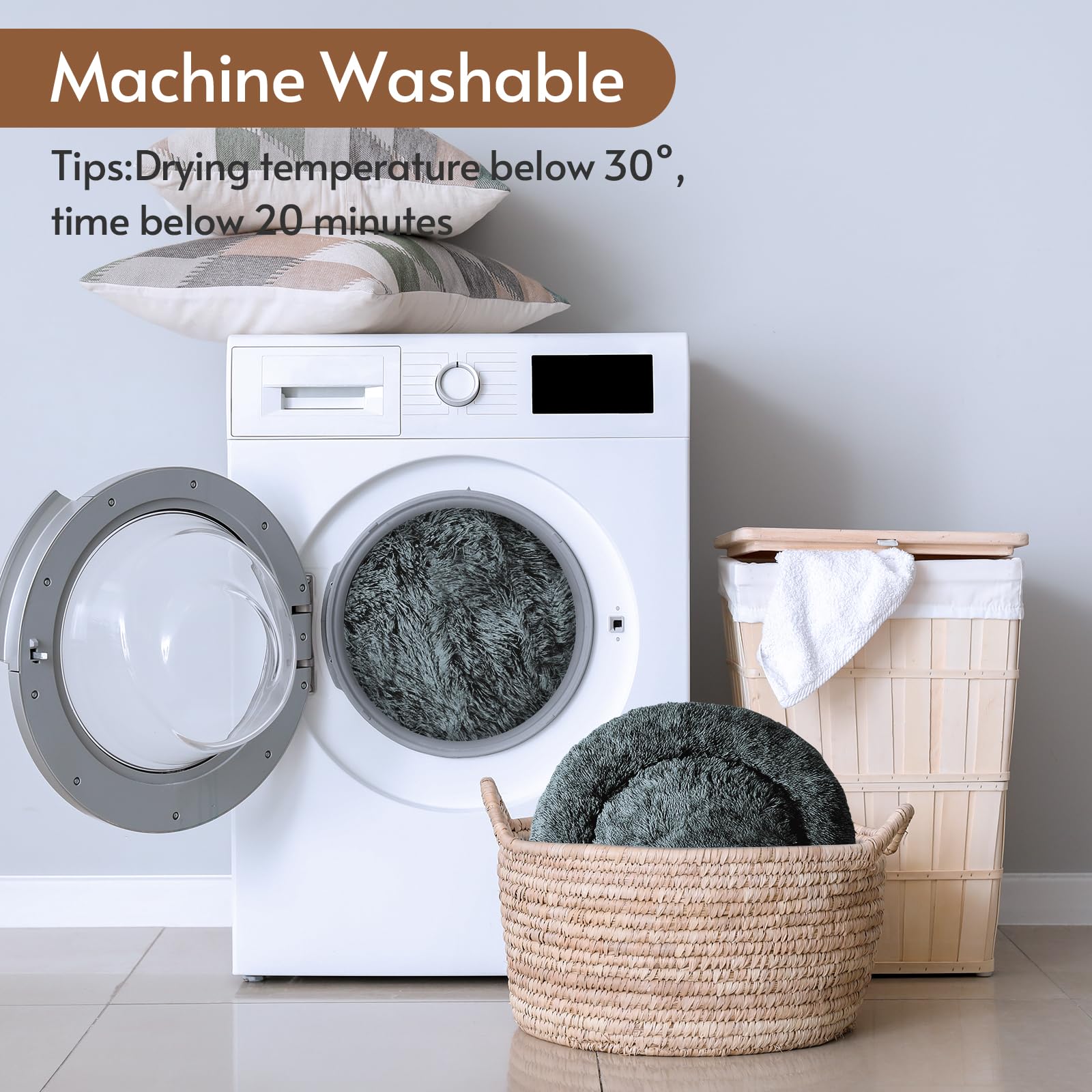 JOLLYVOGUE Calming Dog Beds Large Sized Dog, 36in Donut Washable Large Pet Bed, Anti-Slip & Anti-Anxiety Fluffy Faux Fur Round Dogs Bed, Fits up to 80 lbs Pets (Smoke Brown): 27.0"L x 27.0"W x 8.0"Th Navy Grey