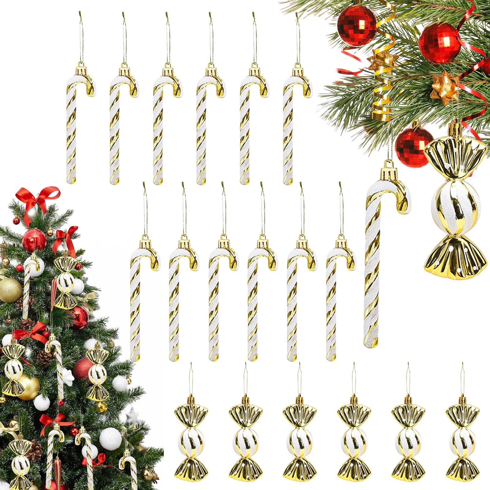 18 Piezas Bastones de Caramelos Colgantes Bastón de Caramelo Plásticas Caramelo de Navidad con Cordón Bastones de Navidad Pequeños Oro y Blanco Adornos Arbol Navidad