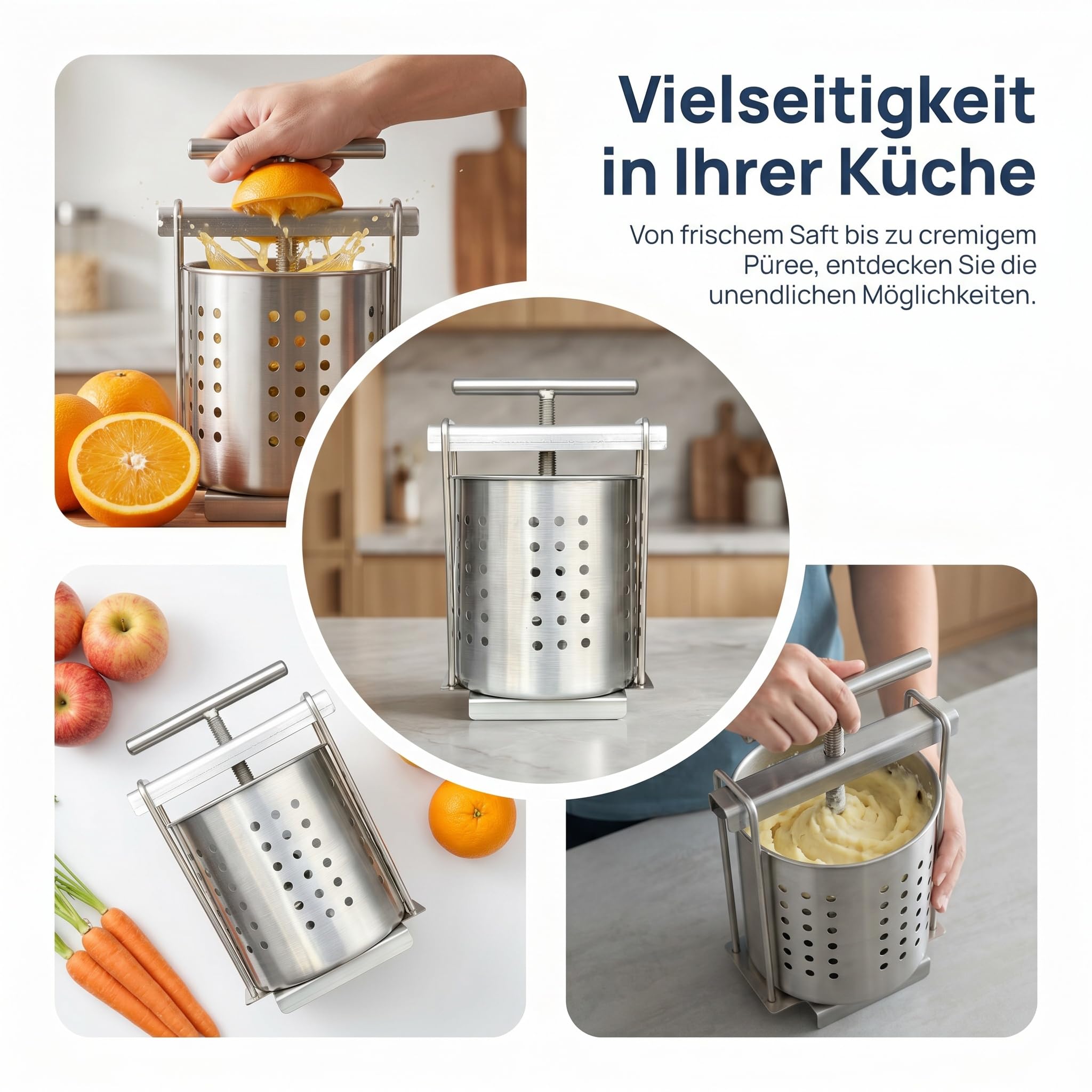 Edelstahl Gemüsepresse Manuell, Obstpresse Manuell, Manuelle Spindelpresse Vielseitig, Kartoffelpresse Edelstahl, Einsetzbar Honigpresse für Bienenhalter, Hobbyköche, 2,5L
