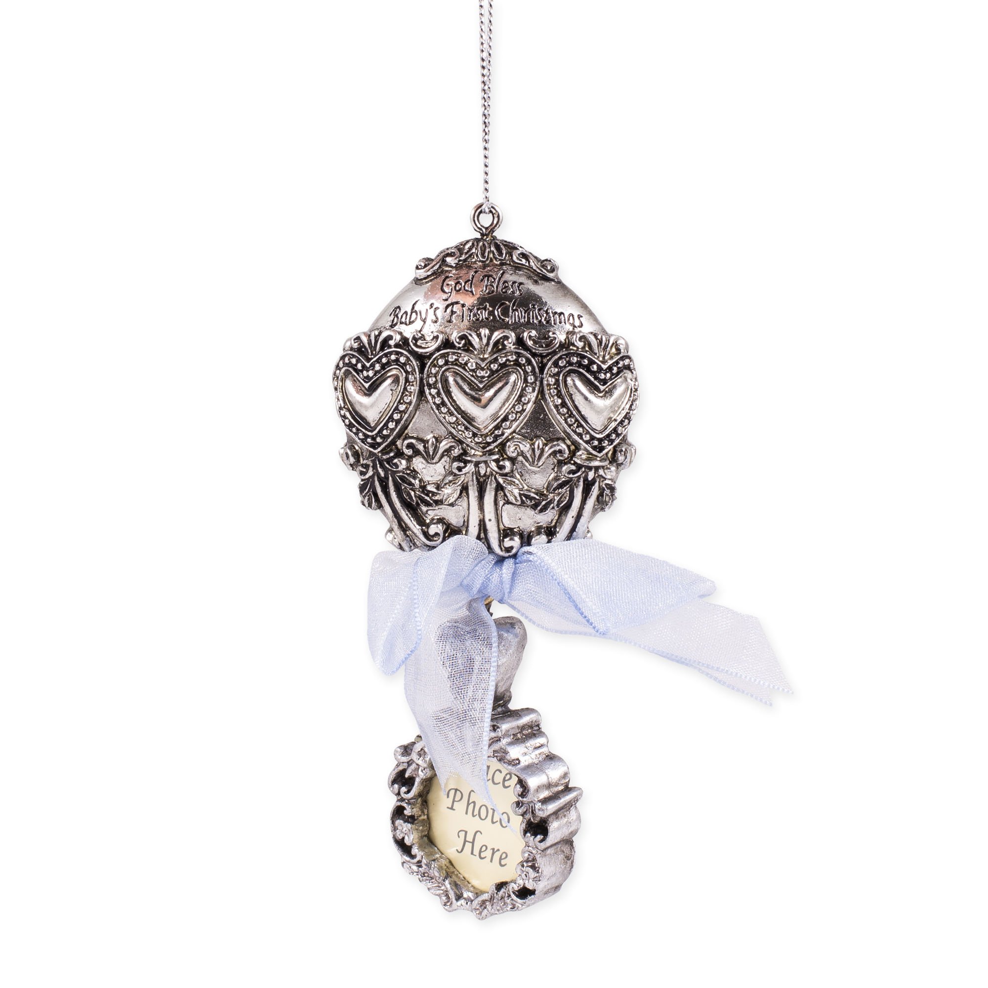 Baby 's First Christmas God Bless Silber Rassel Ornament mit Blue Ribbon und Platz für Foto