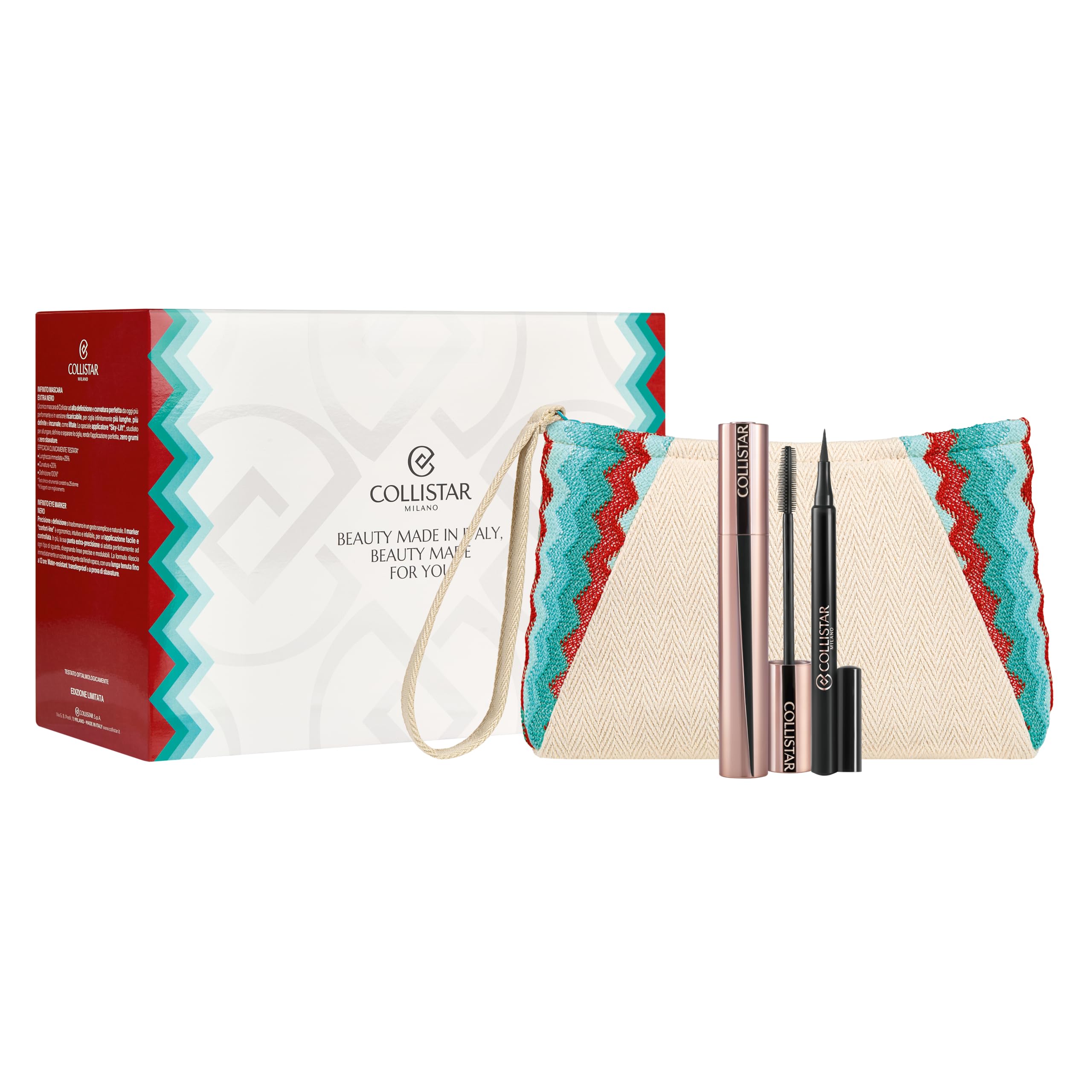 Collistar Cofanetto Regalo Donna, Infinito Mascara 7,5 ml + Eye Marker Nero 1 ml, Mascara Allungante e Curvante Ricaricabile, Eyeliner Precisione 12H, con Pochette Beauty Made in Italy