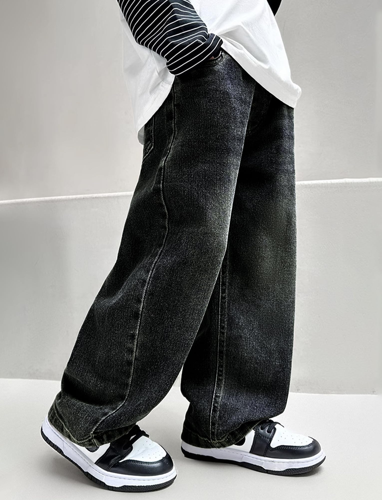 Happy Cherry Garçons Jeans Jambe Large Mode Baggy Jean Élastique Taille Pantalon Large en Denim avec Poches pour Enfants 5-14 Ans
