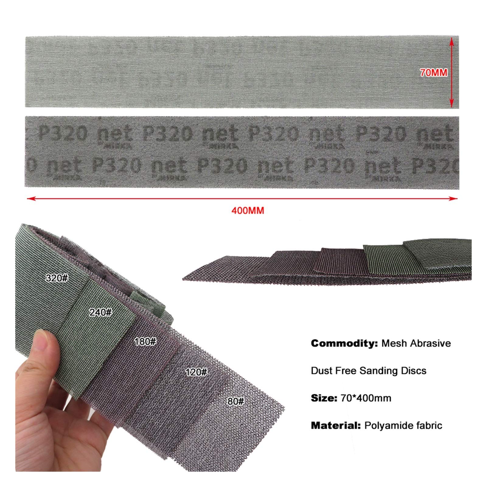 Papel de lija de lijadora 20 PCS 400 * 70mm Papel de lija Malla automática Lámina de papel de lija Sin polvo y antiadherente 80-320 arena de arena y bucle, usado para el arenado de madera de arena