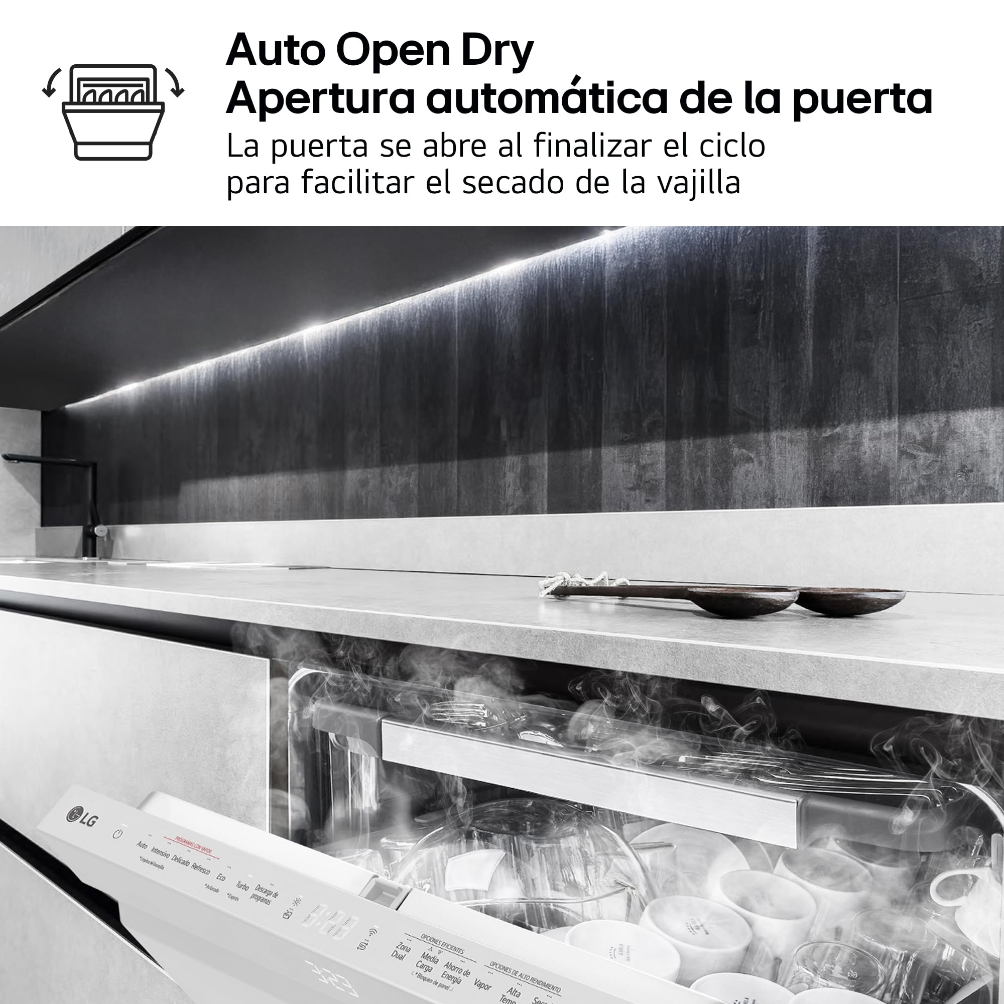 LG DF375HWS - Lavavajillas QuadWash Steam, Sistema EasyRack, Bandeja para Cubiertos, Wi-Fi ThinQ, TrueSteam, Apertura Automática, 14L, Eficiencia A, Blanco Marfil