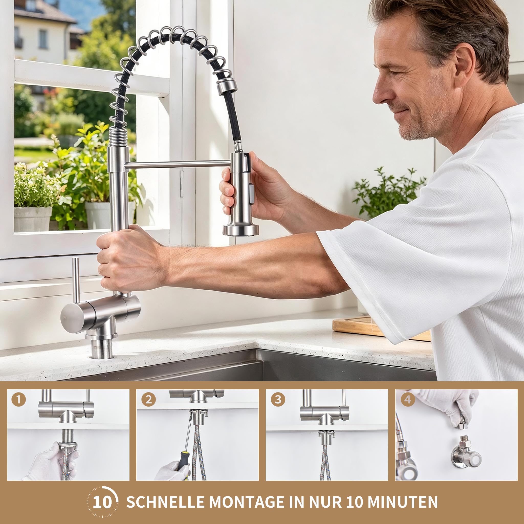 HOMELODY Wasserhahn Küche Edelstahl Ausziehbar für Vorfenster | 2 Strahlarten Brause, 360° drehbar, Spiralfeder-Design für die Spüle am Fenster, Hochdruck