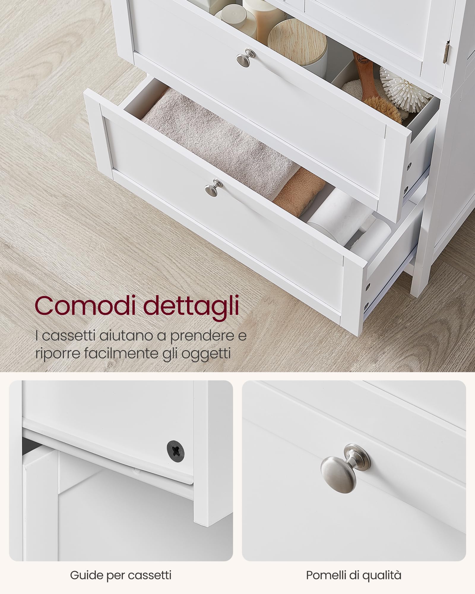 VASAGLE Mobile da Bagno, Mobiletto da Bagno, Credenza da Cucina, Armadietto con 2 Cassetti e 2 Ante, Ripiano Regolabile, 30 x 60 x 110 cm, Bianco BBC551P31