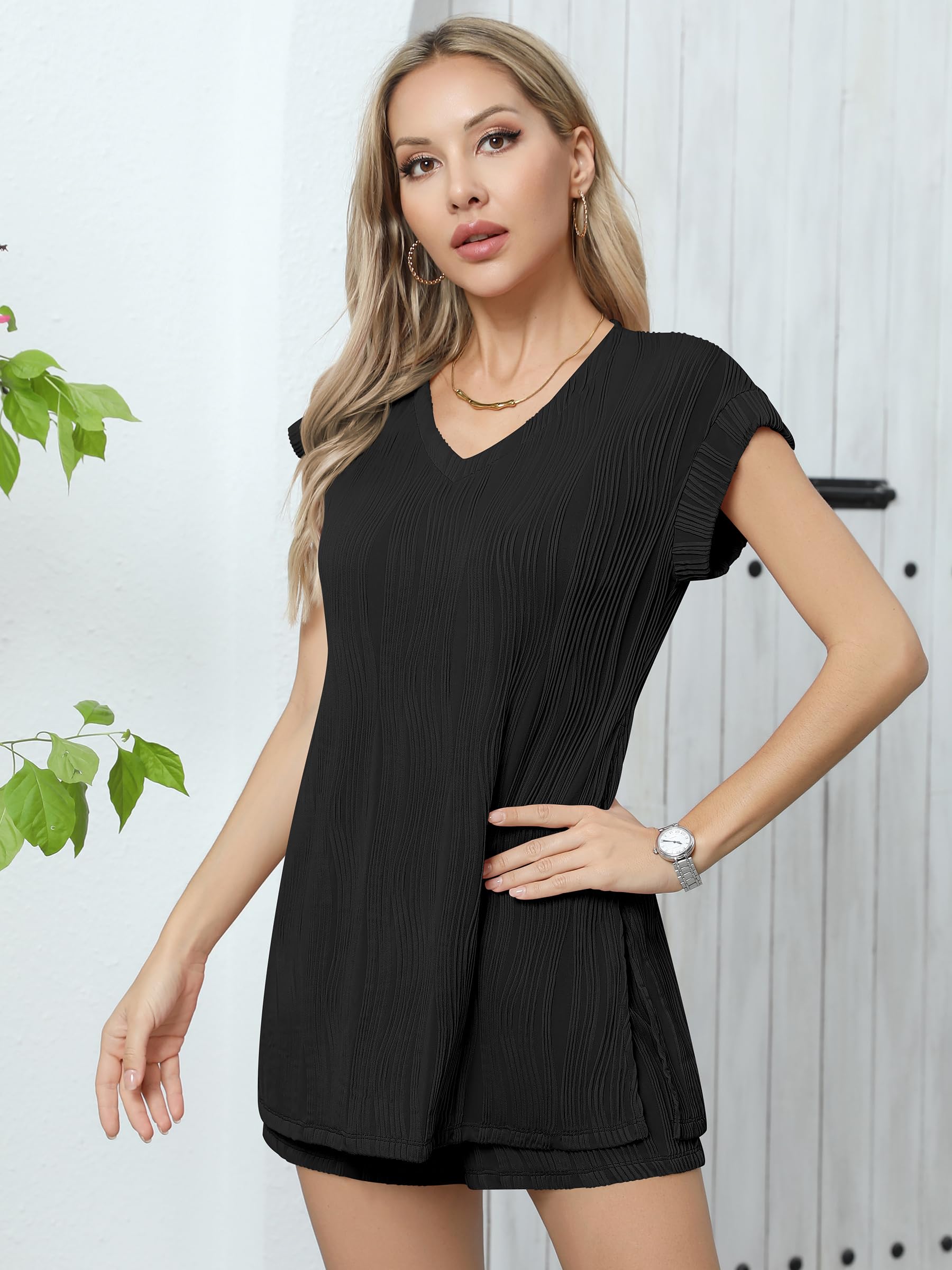 Missufe Conjunto de ropa de verano para mujer, cuello de pico, con abertura y pantalones cortos, sueltos, para salón, 2 piezas