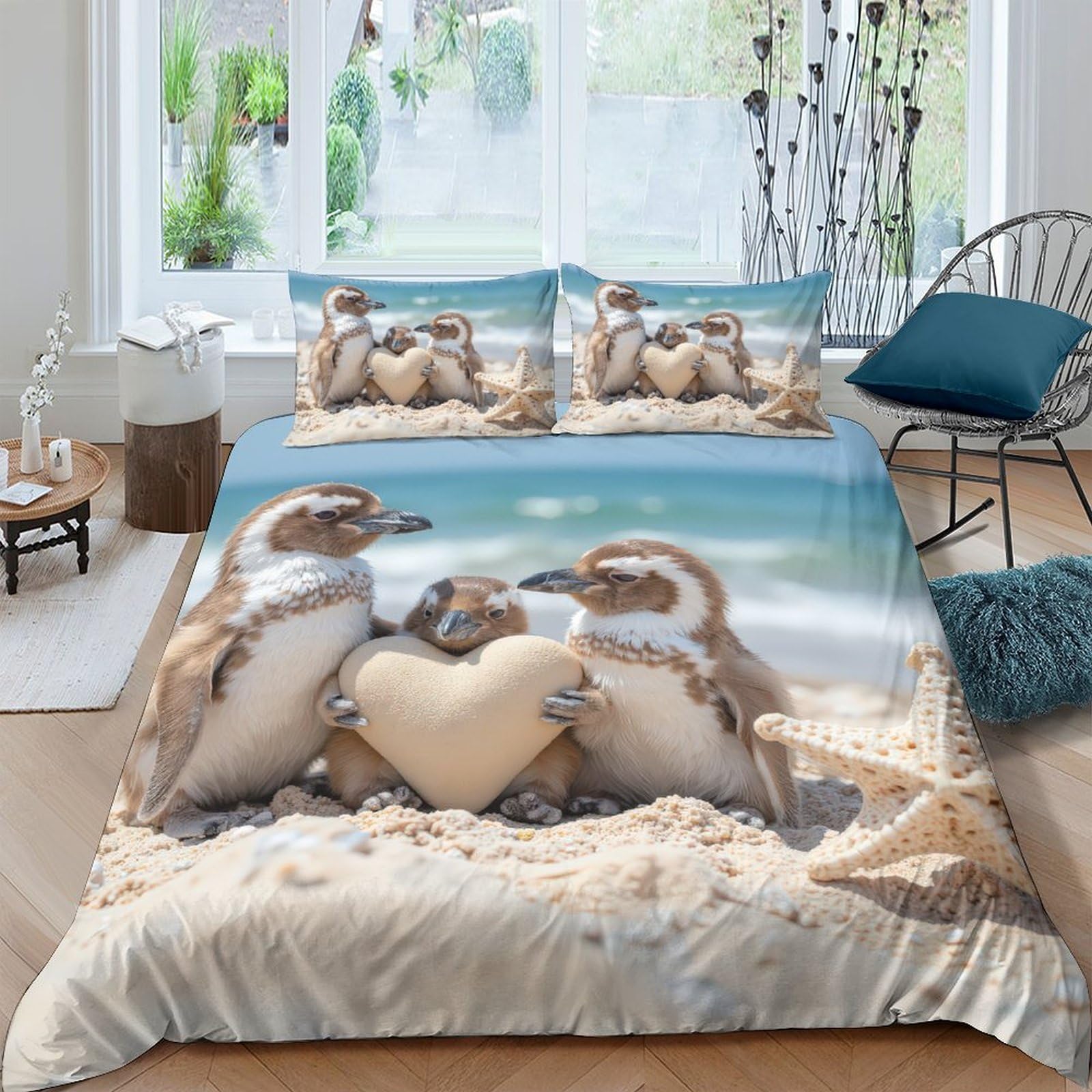 GPLZQXKJNH 3D Printed Penguin Beach Duvet Cover Set Microfiber Soft Breathable Heart Sand Quilt Cover with 2 Pillowcases for Bedroom Decor Single（135x200cm）
