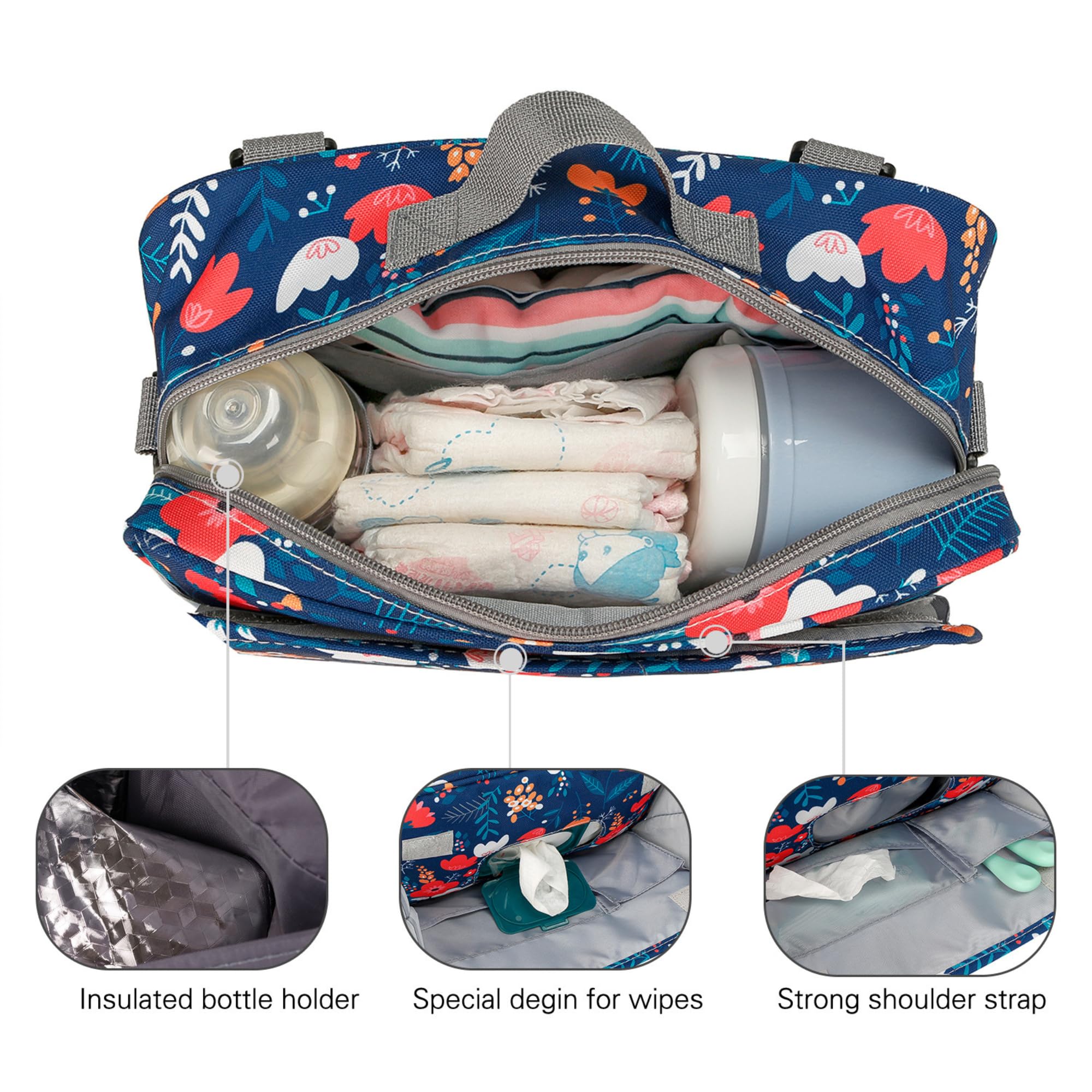Baby Trolley Bag - Multi-purpose Stroller Bag with Maternity Function, Organiser for Pram and Pushchair Blue Flower - Image 3