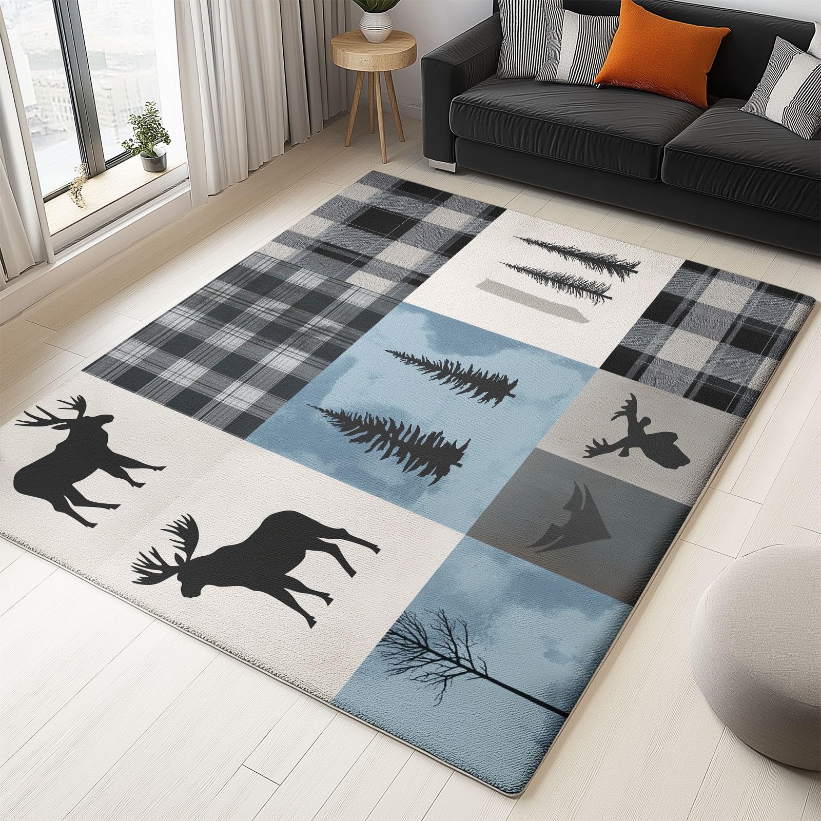 Gris Marron Tapis antidérapant Lavable - 120 x 170 cm - Moderne Simple Patchwork Cerf - Léger et résistant - pour Couloir, entrée, Salon et Zones à Fort trafic