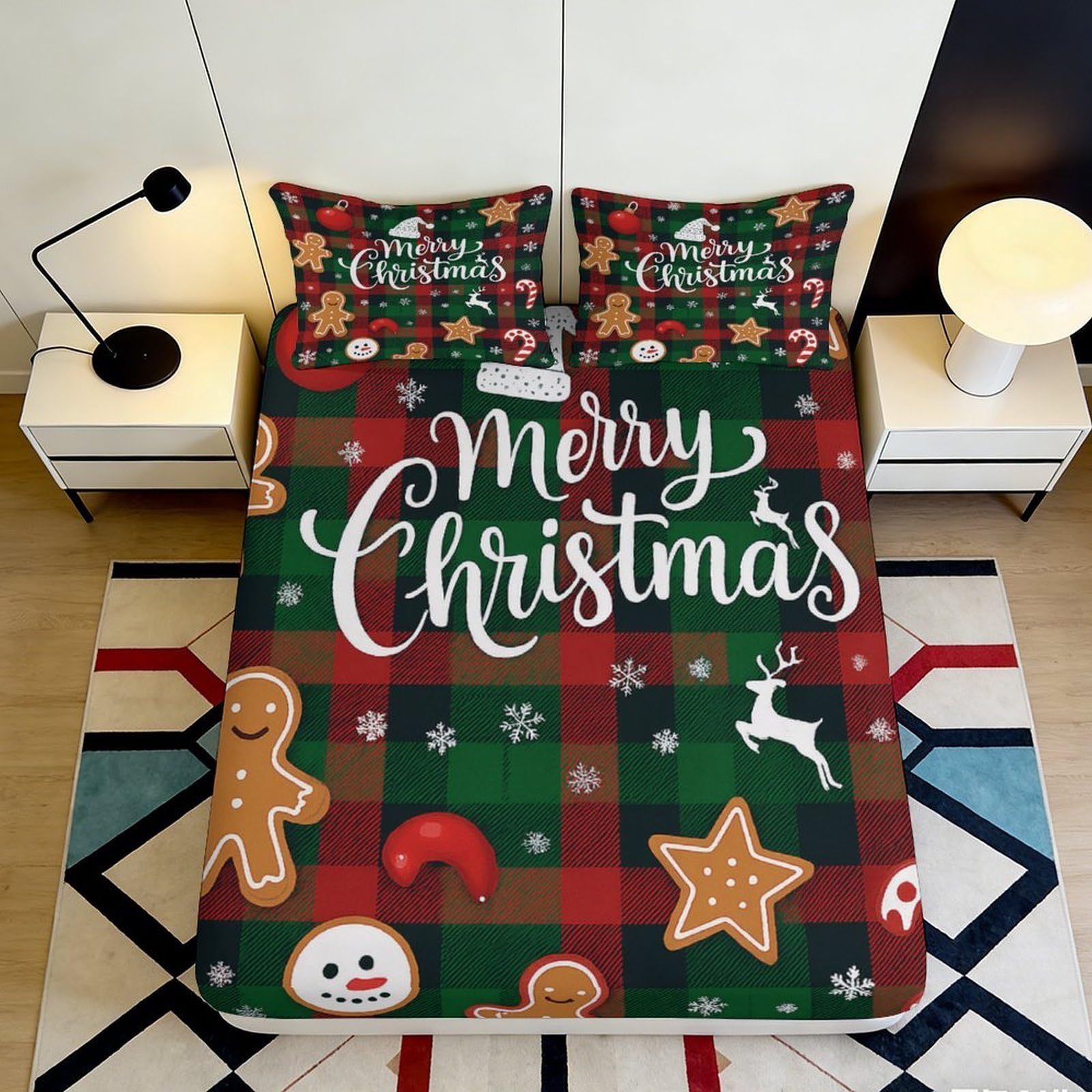 Pnayamiorkfel Style-2 3D Printed Christmas Plaid Fitted Sheet Microfiber Soft Decorative Gingerbread Mattress Cover For Bedroom Guest Room Dorm Easy Care 90X200x25cm