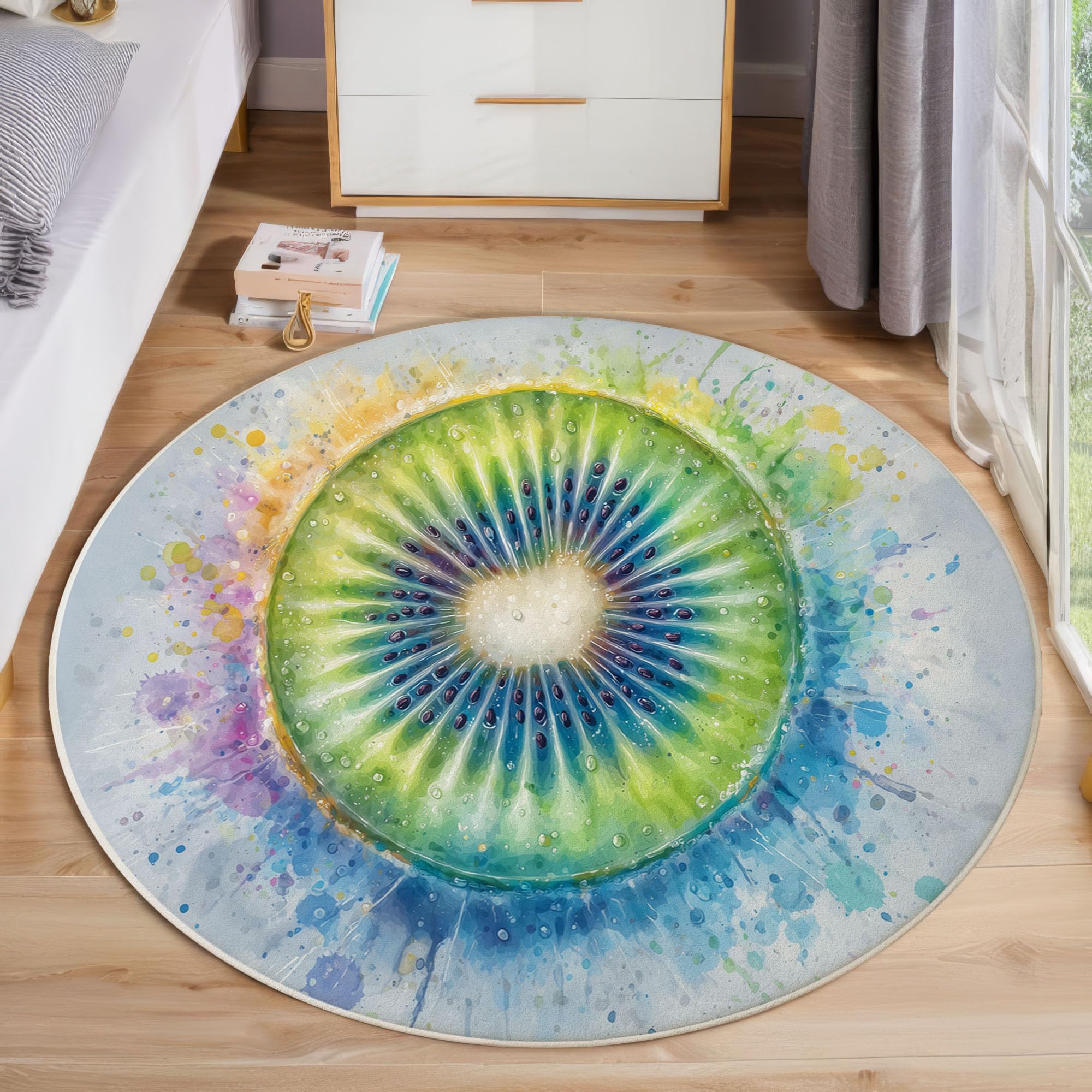 Tapis rond kiwi aquarelle pour une chambre d'enfant douce et saine
