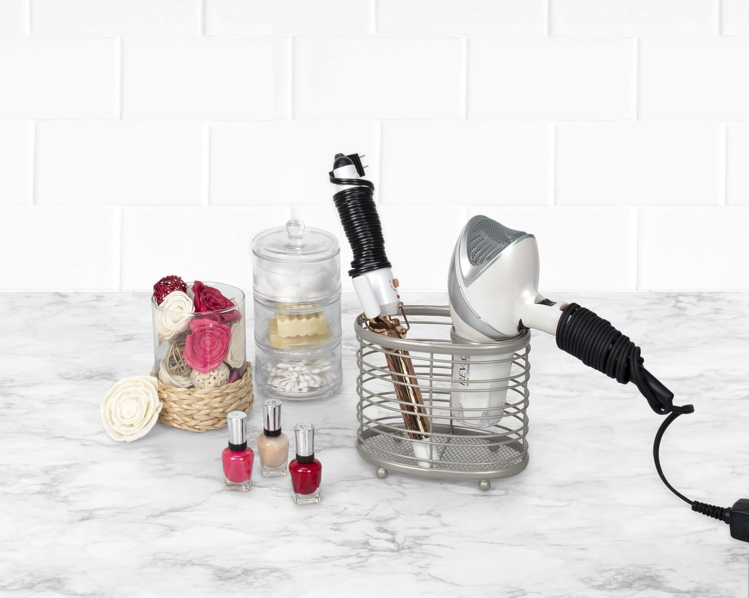 Spectrum Diversified Ashley Countertop Hair Dryer & Accessory Organizer Station Styling Tool Caddy for Brushes, Flat Irons, Curling Wands & Makeup Applicators, Satin Nickel : Home & Kitchen
