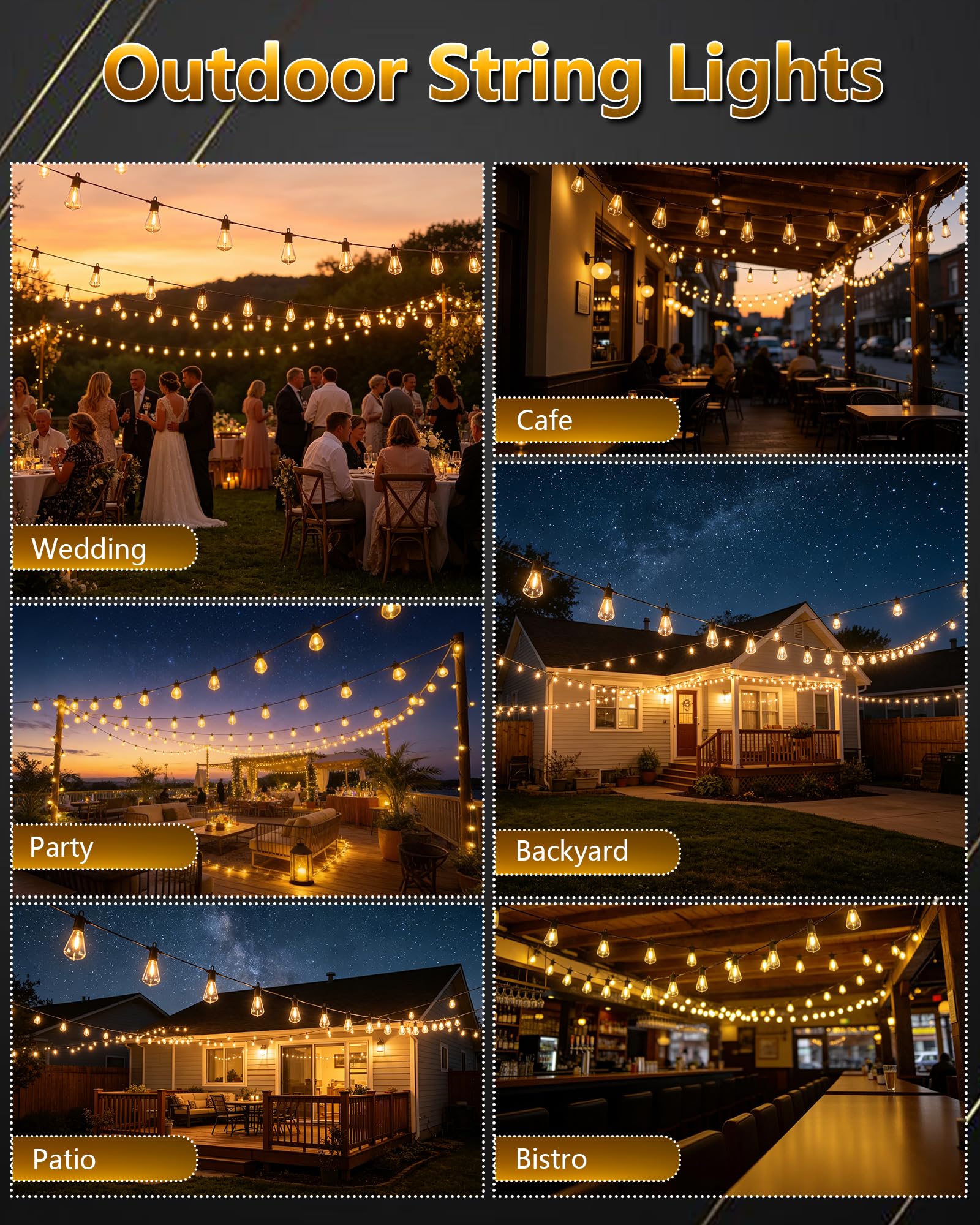 LED-Lichterkette für den Außenbereich, 30 m, Terrassenlicht mit 52 bruchsicheren ST38-Edison-Glühbirnen, wasserdichte Außenleuchte für Urlaub, Veranda, Deck, Garten, Hinterhof, Balkon, 2700