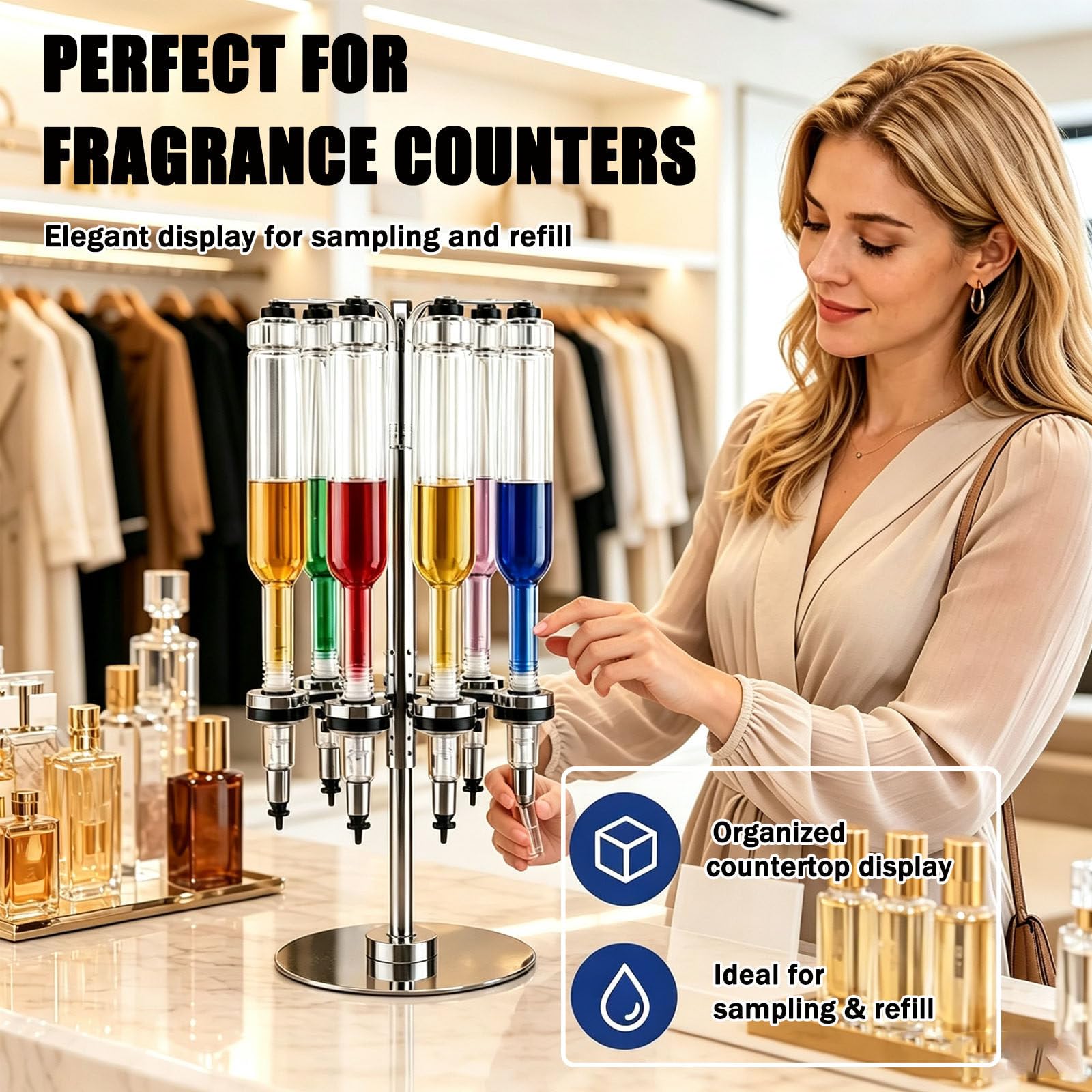 Dispenser di profumi manuale, kit di riempimento e trasferimento per liquidi, con 6 flaconi in vetro, testina di pompaggio regolabile, base girevole,per la vendita al dettaglio e progetti 375ml