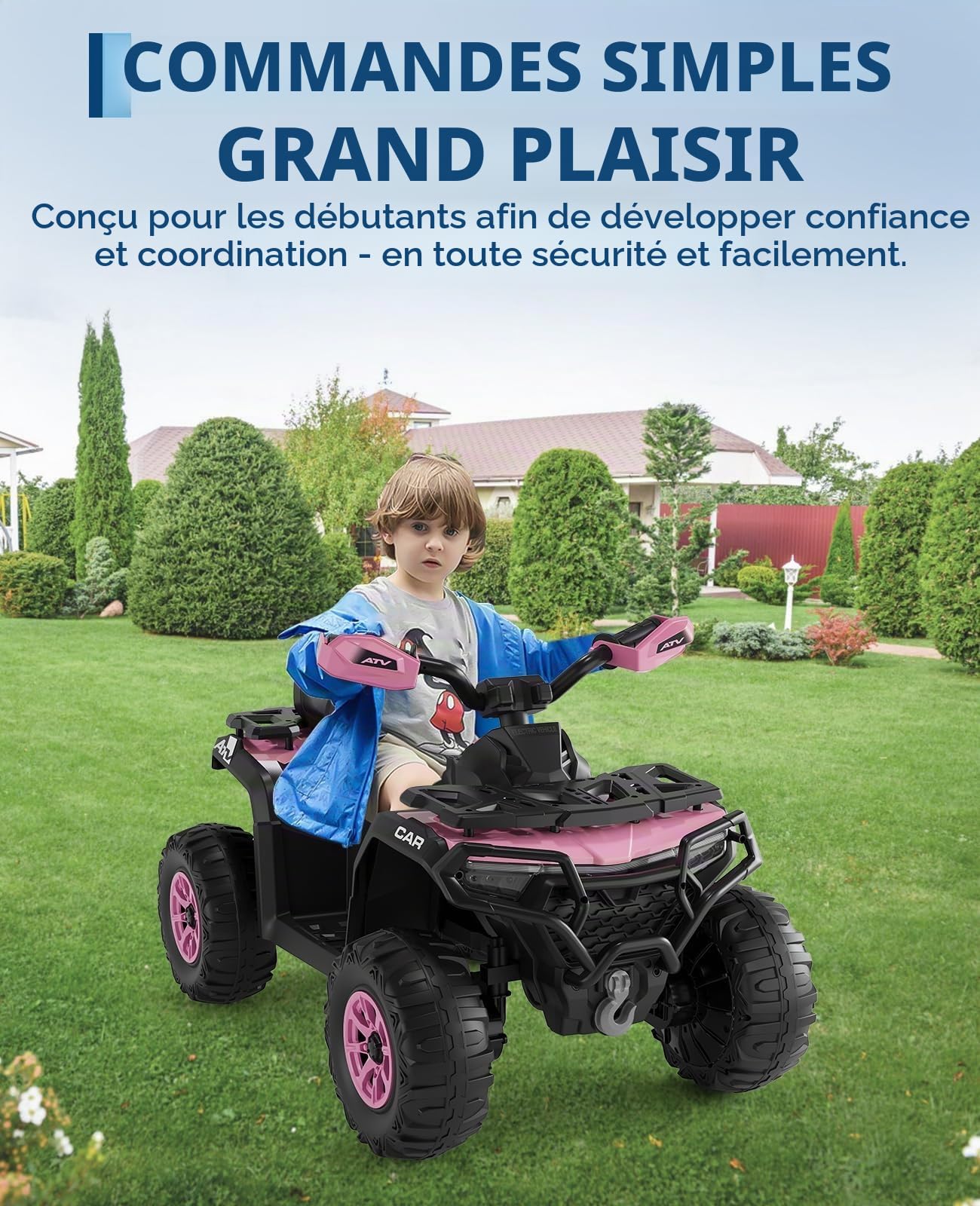 Quad électrique Enfant 12V Tout-Terrain – 2 Moteurs Puissants, Suspension, Télécommande Parentale, Phares LED, Musique, Sans Fil, USB, Klaxon, Drapeau LED – Véhicule ATV 4 Roues Pour Filles Et Garçons