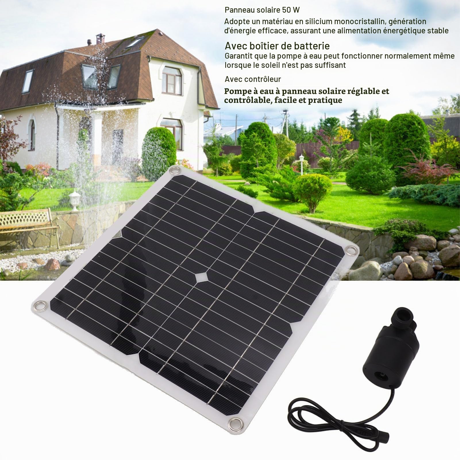 Pompe à Eau Solaire D'extérieur 22 W - Kit de Fontaine Avec Panneau 50 W 12 V pour Étang, Jardin, Piscine, Aquarium
