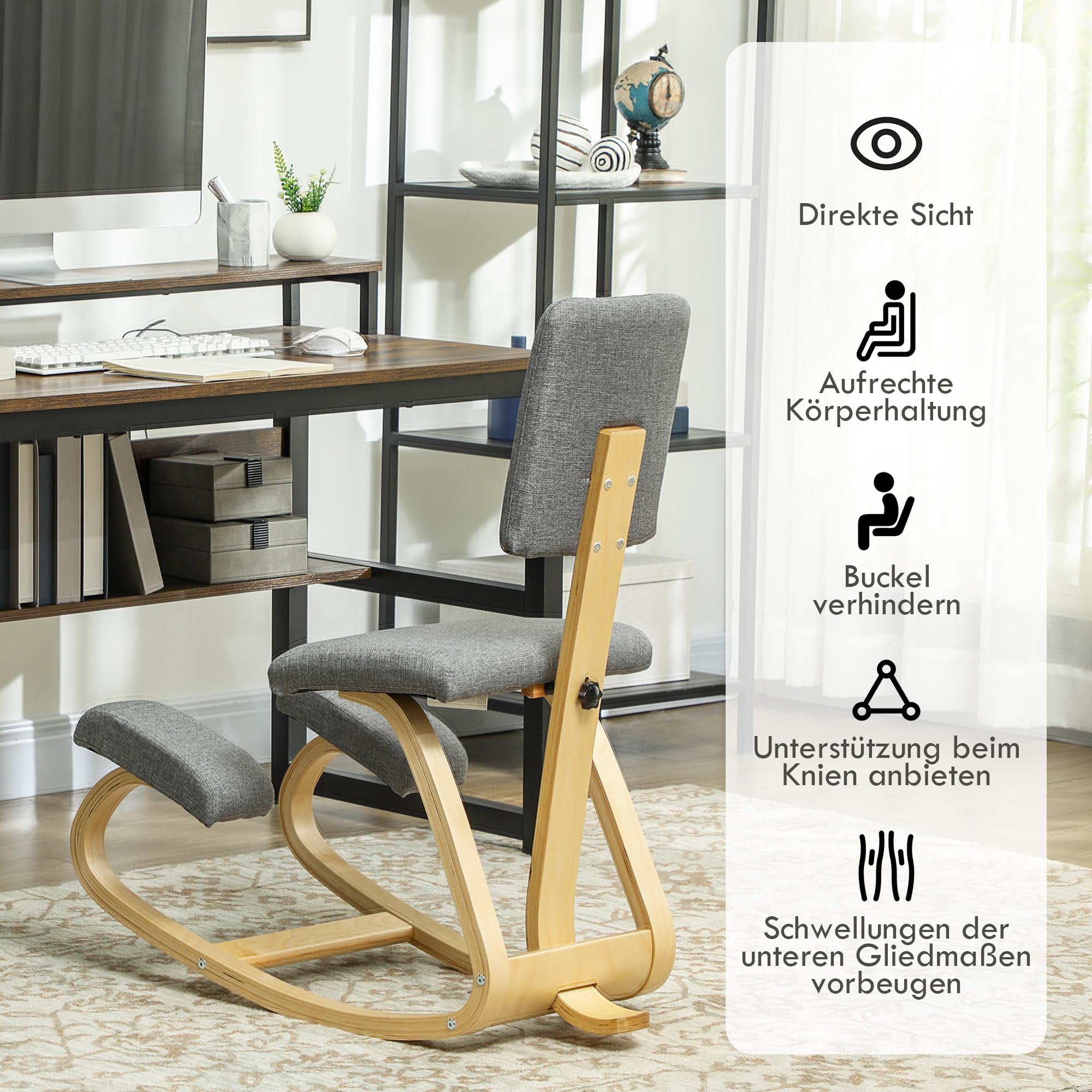 HOMCOM Ergonomischer Kniestuhl, Kniehocker mit Rückenlehne, Basis aus Holz Bürostuhl für Zuhause, Büro, Meditation, zur Verbesserung der Nackenschmerzen Rückenschmerzen Grau